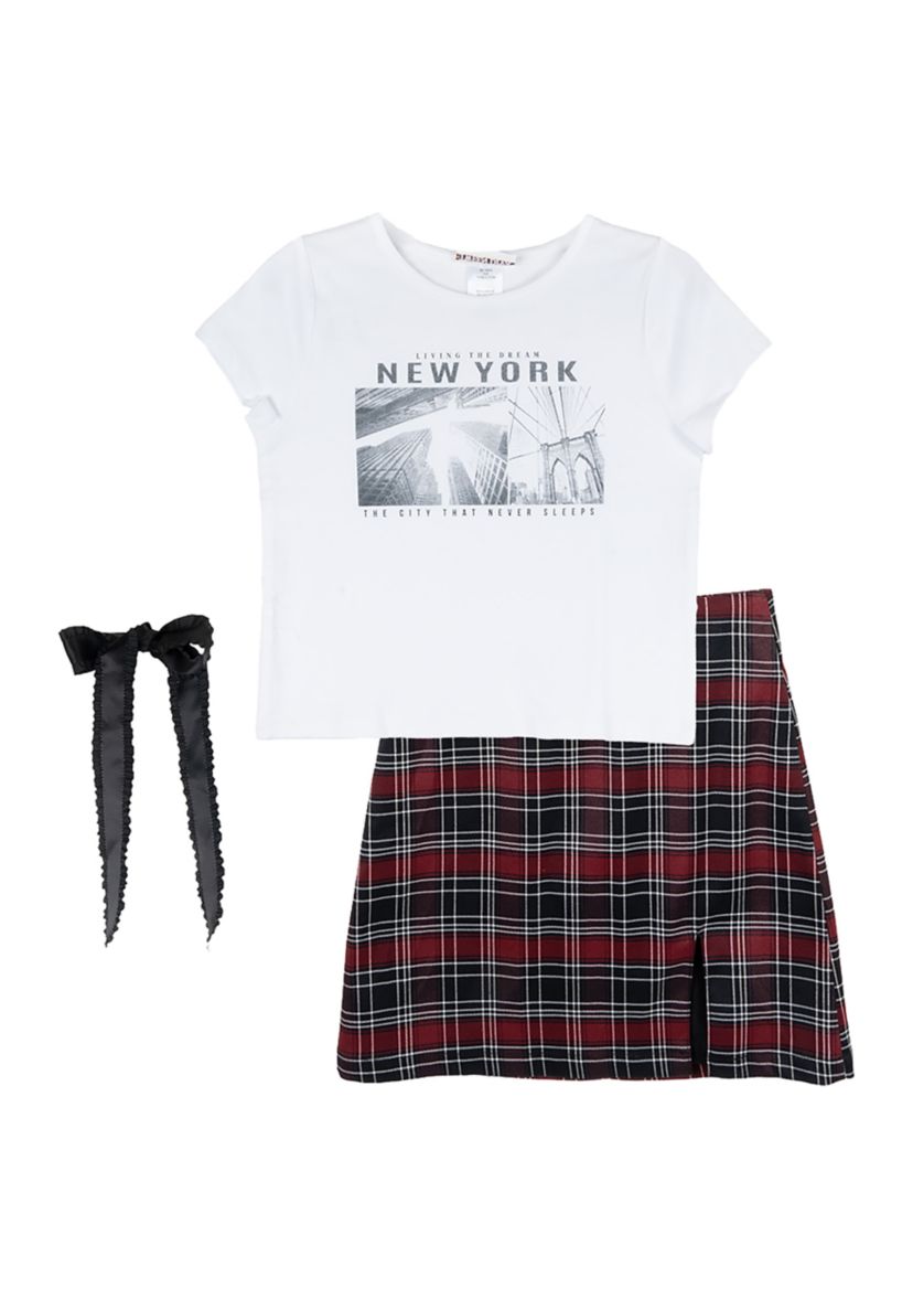 Girls 7-16 T-Shirt and Plaid Printed Skirt