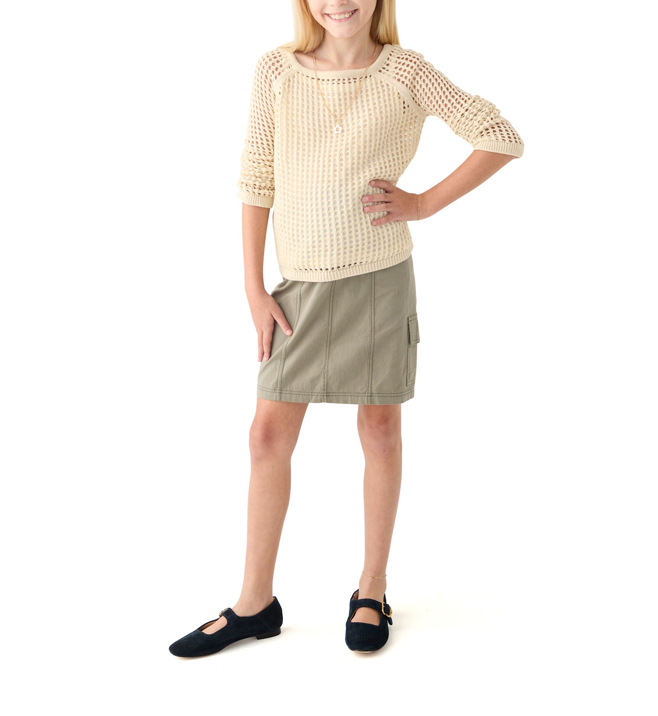 Girls 7-16 Crochet Sweater and Utility Skirt Set