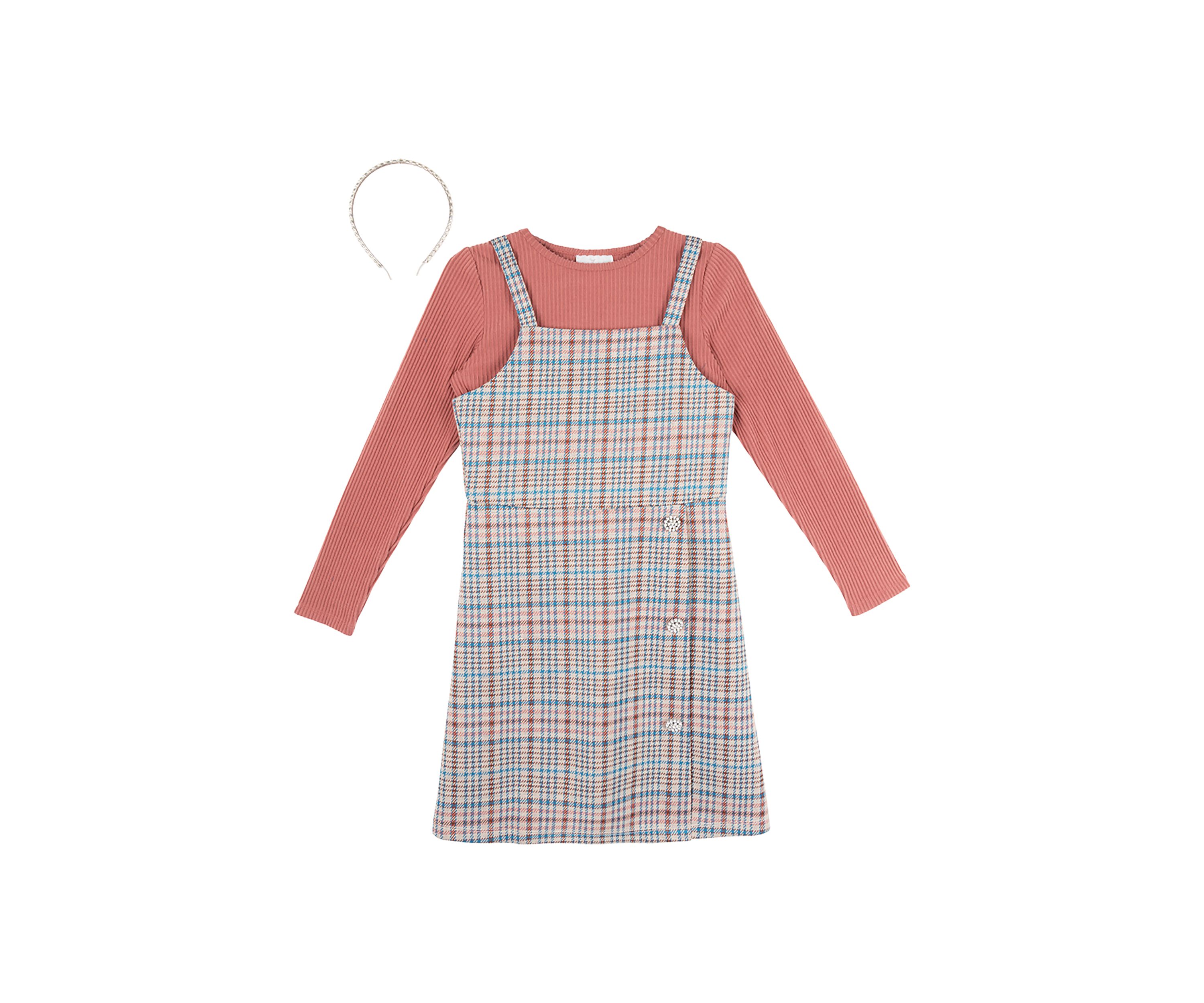 Girls 7-16 Plaid Printed Jumper Dress with Headband