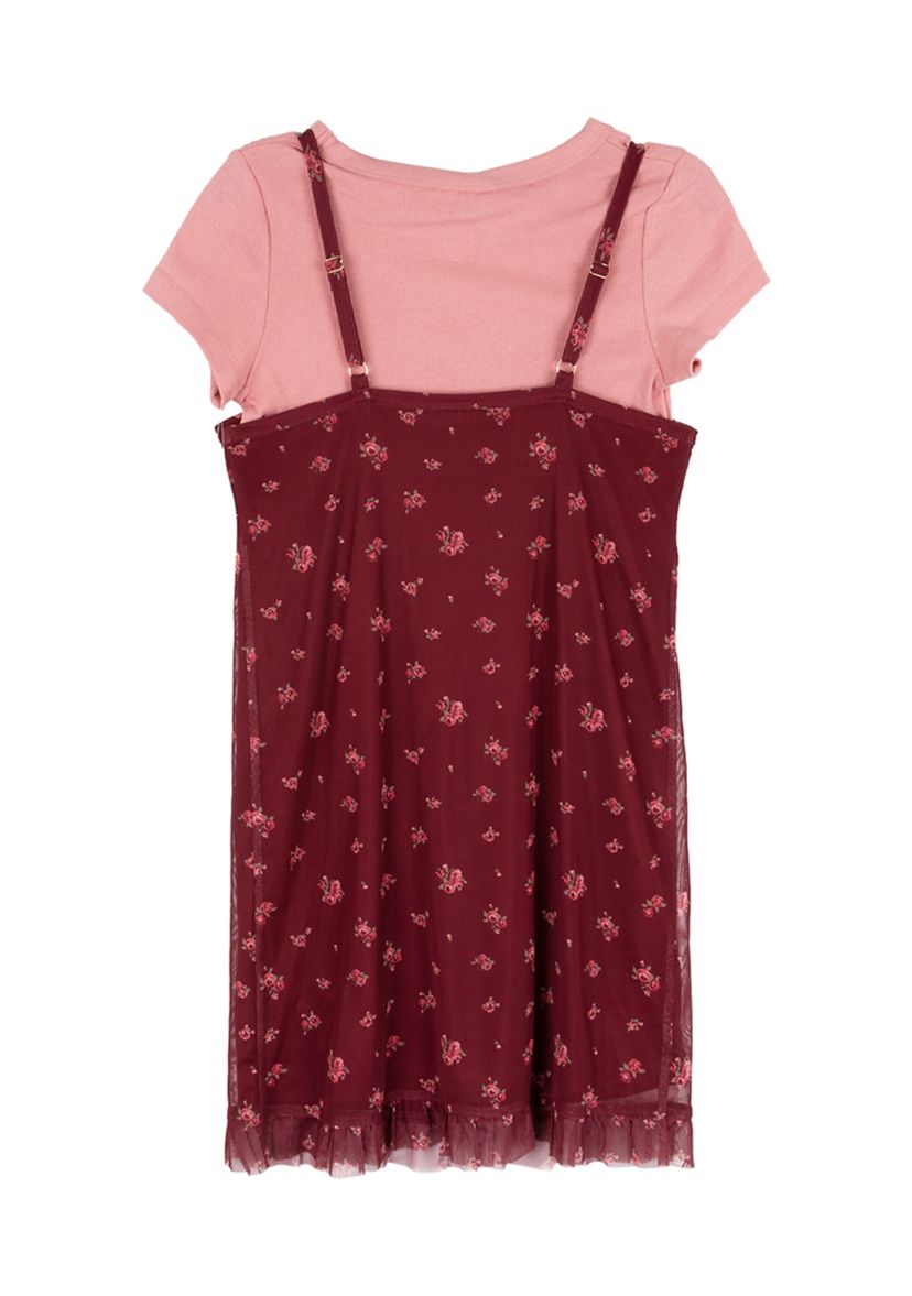 Girls 7-16 2 Piece Printed Power Mesh Jumper with Lace Detail and T-Shirt