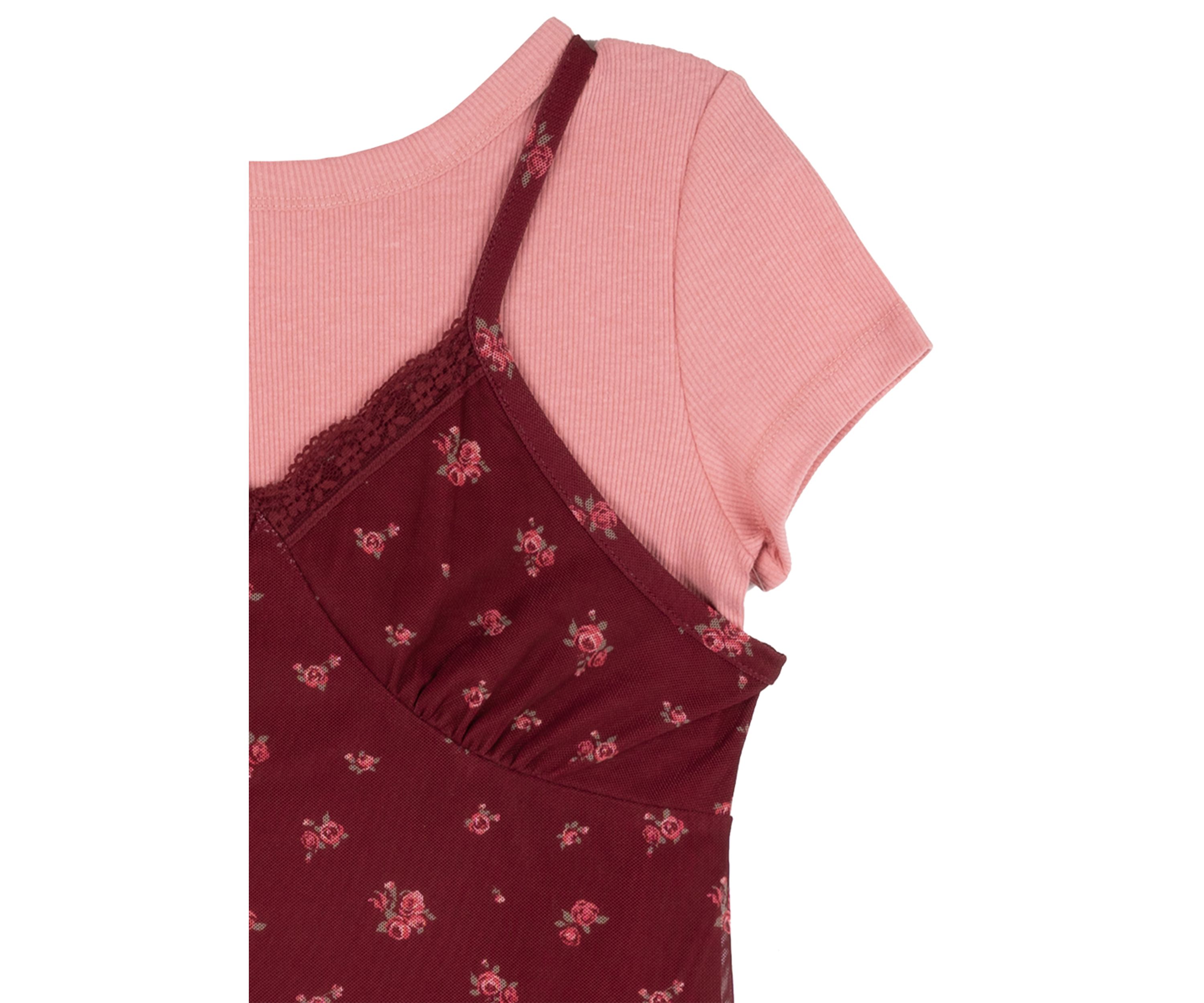 Girls 7-16 2 Piece Printed Power Mesh Jumper with Lace Detail and T-Shirt