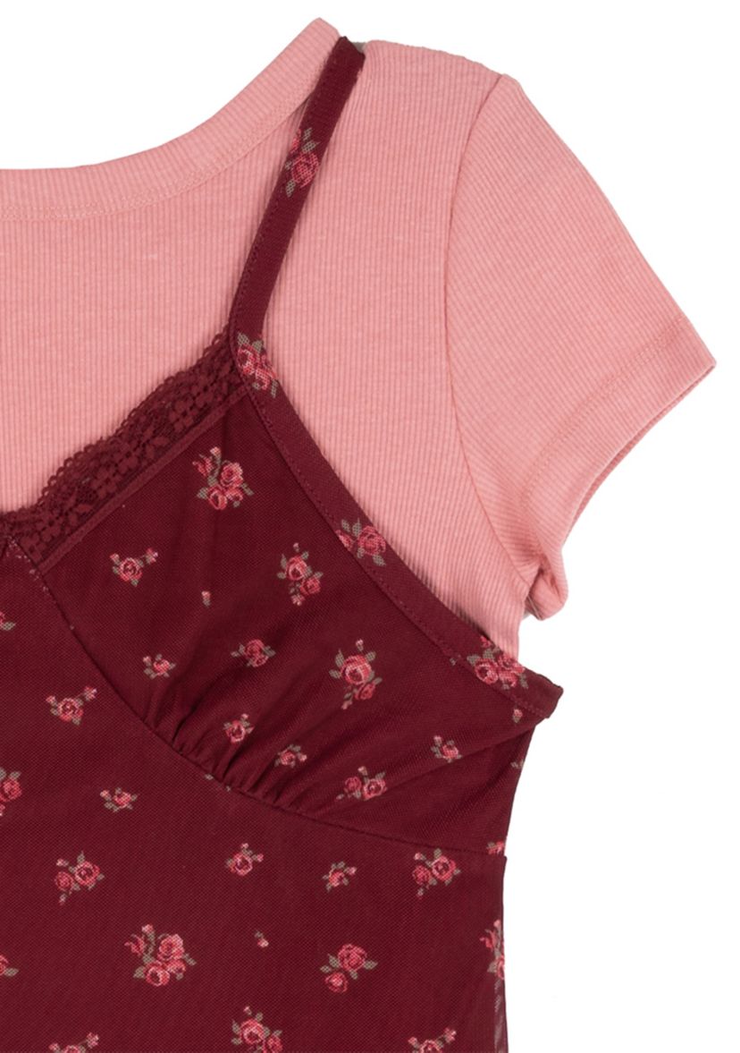 Girls 7-16 2 Piece Printed Power Mesh Jumper with Lace Detail and T-Shirt
