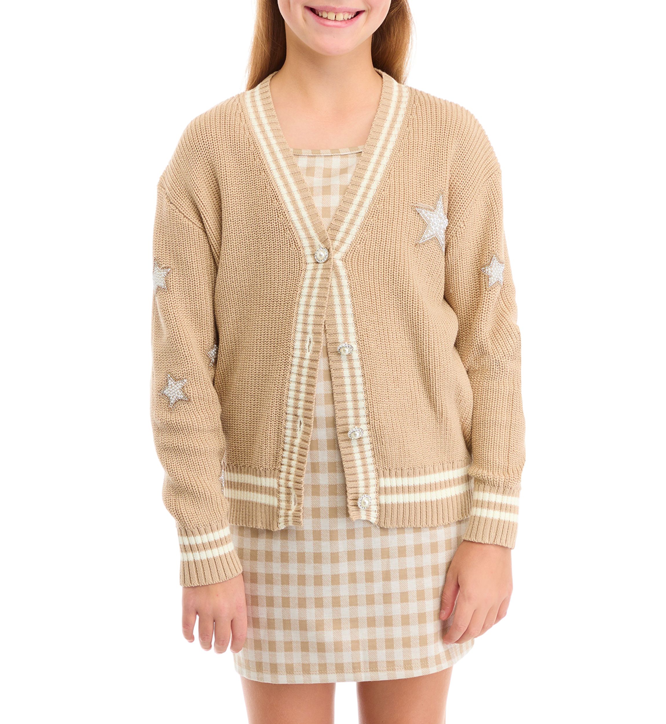 Girls 7-16 Rhinestone Varsity Cardigan and Printed Dress Set