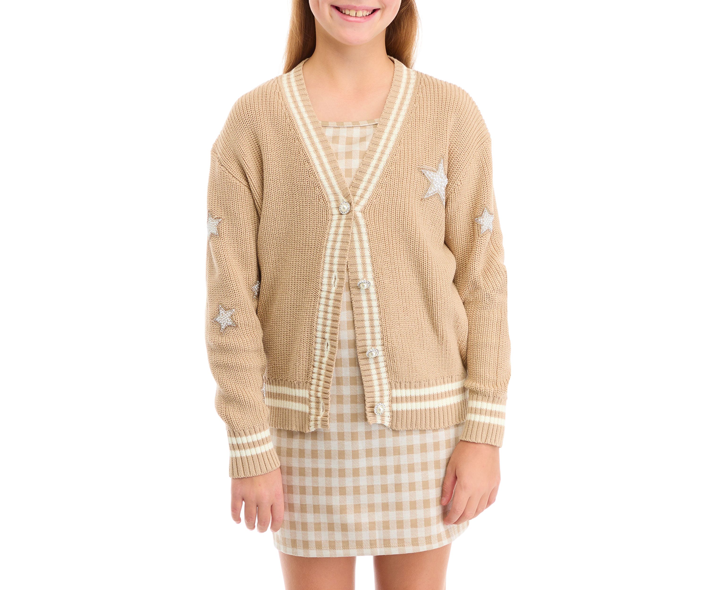 Girls 7-16 Rhinestone Varsity Cardigan and Printed Dress Set