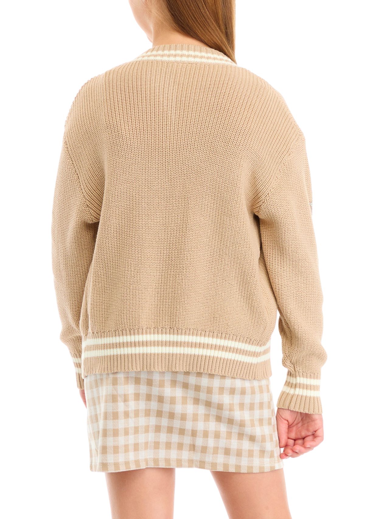 Girls 7-16 Rhinestone Varsity Cardigan and Printed Dress Set