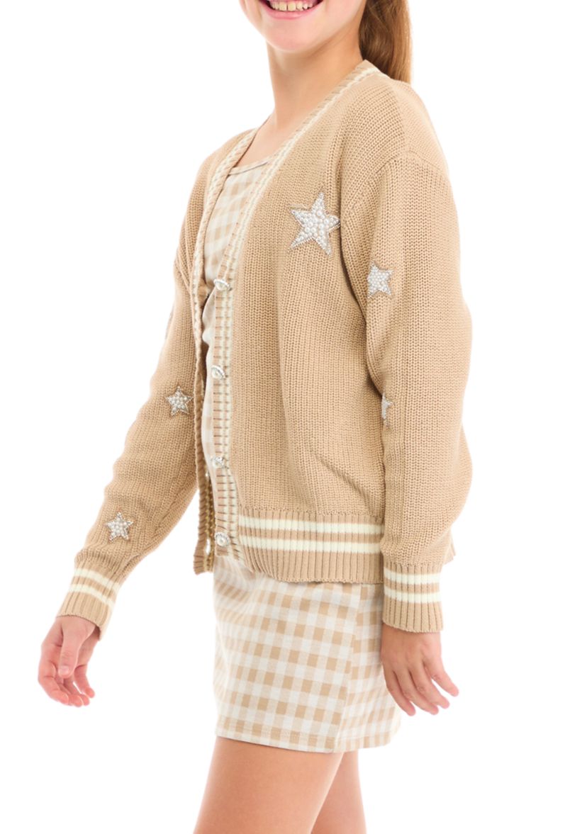 Girls 7-16 Rhinestone Varsity Cardigan and Printed Dress Set