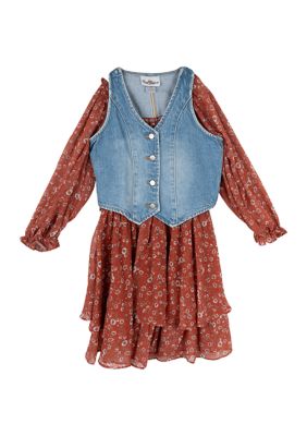 Girls 7-16 Denim Vest and Floral Printed Dress Set