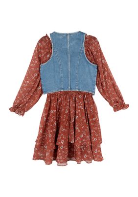 Girls 7-16 Denim Vest and Floral Printed Dress Set