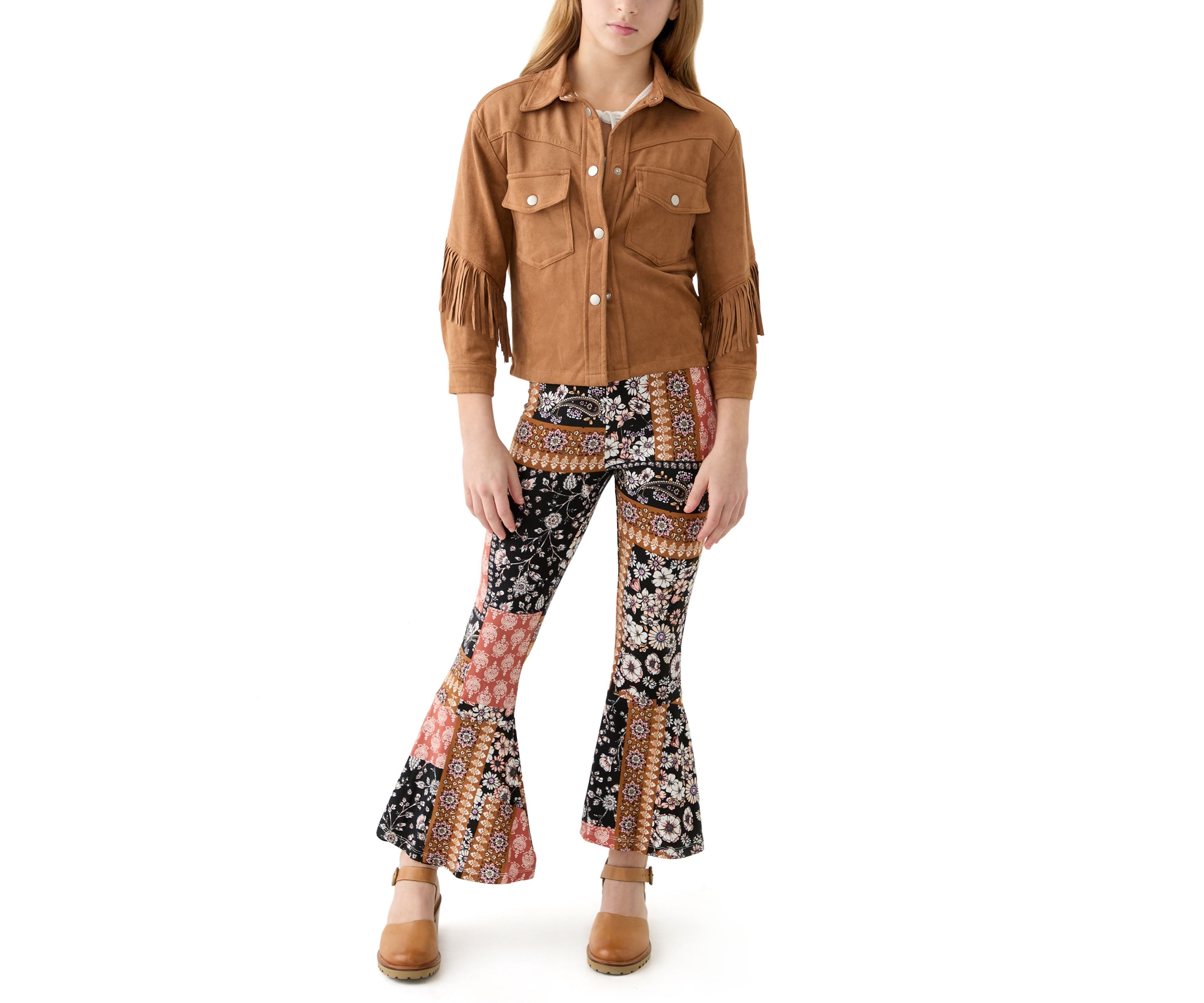 Girls 7-16 Faux Suede Jacket and Printed Pants Set