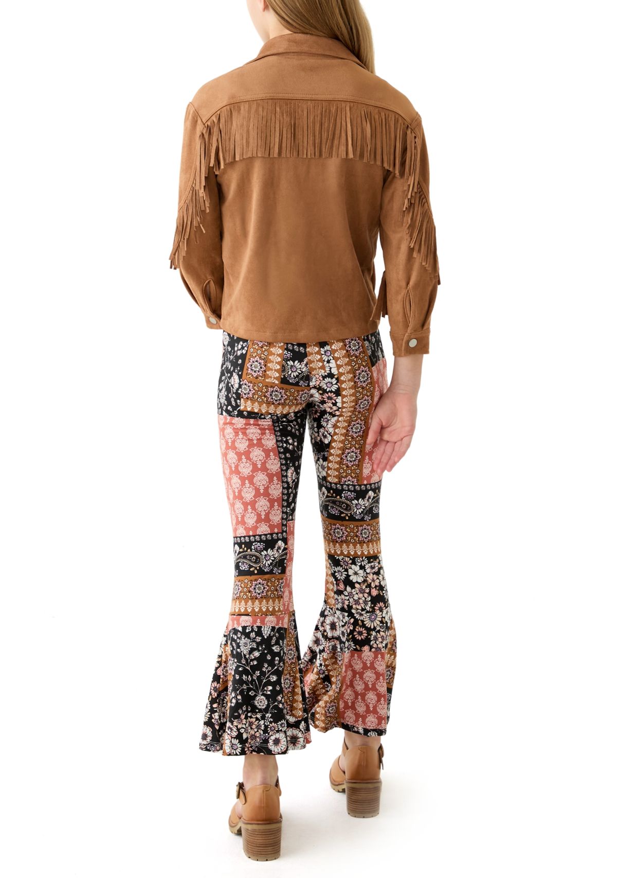 Girls 7-16 Faux Suede Jacket and Printed Pants Set