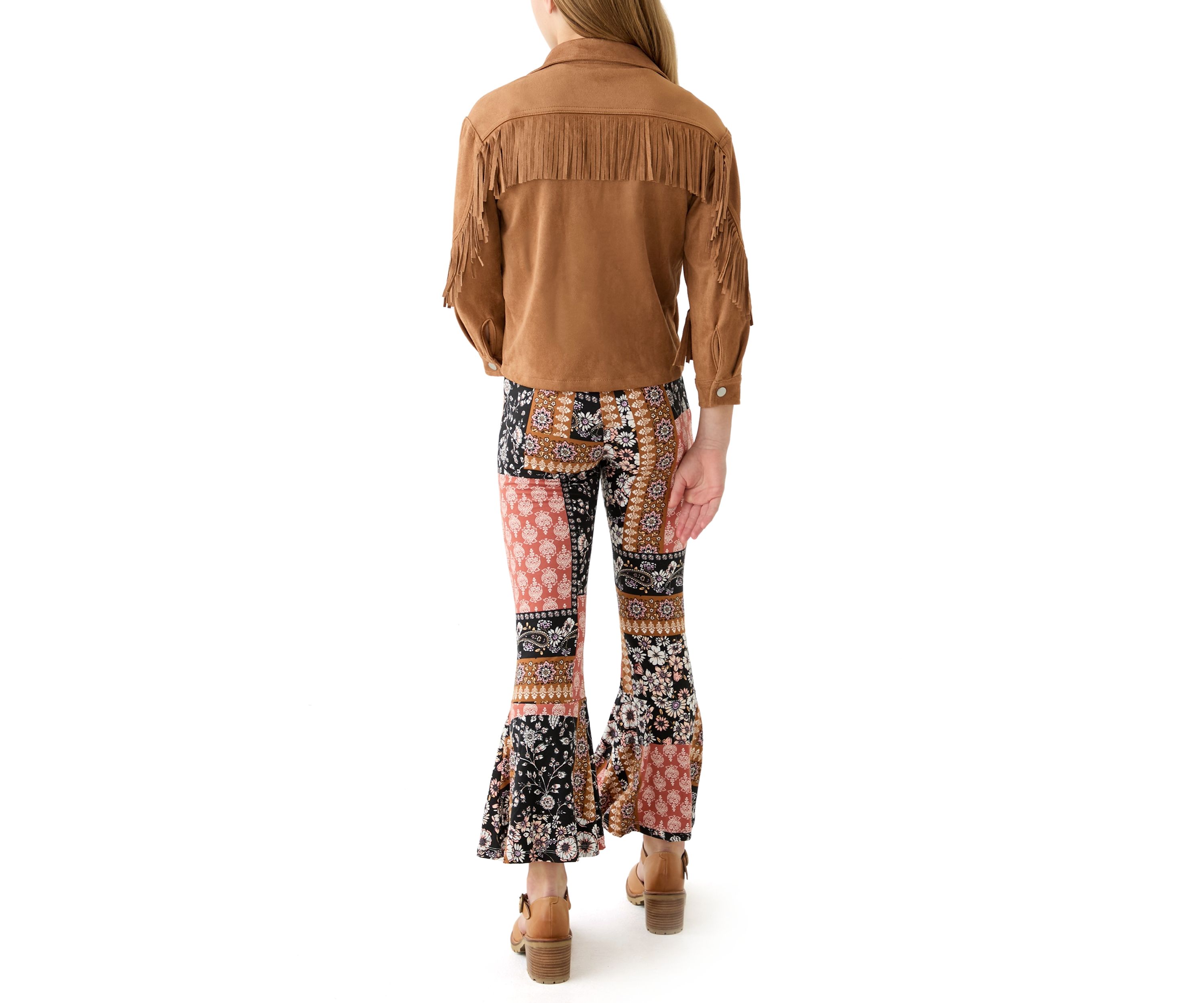 Girls 7-16 Faux Suede Jacket and Printed Pants Set