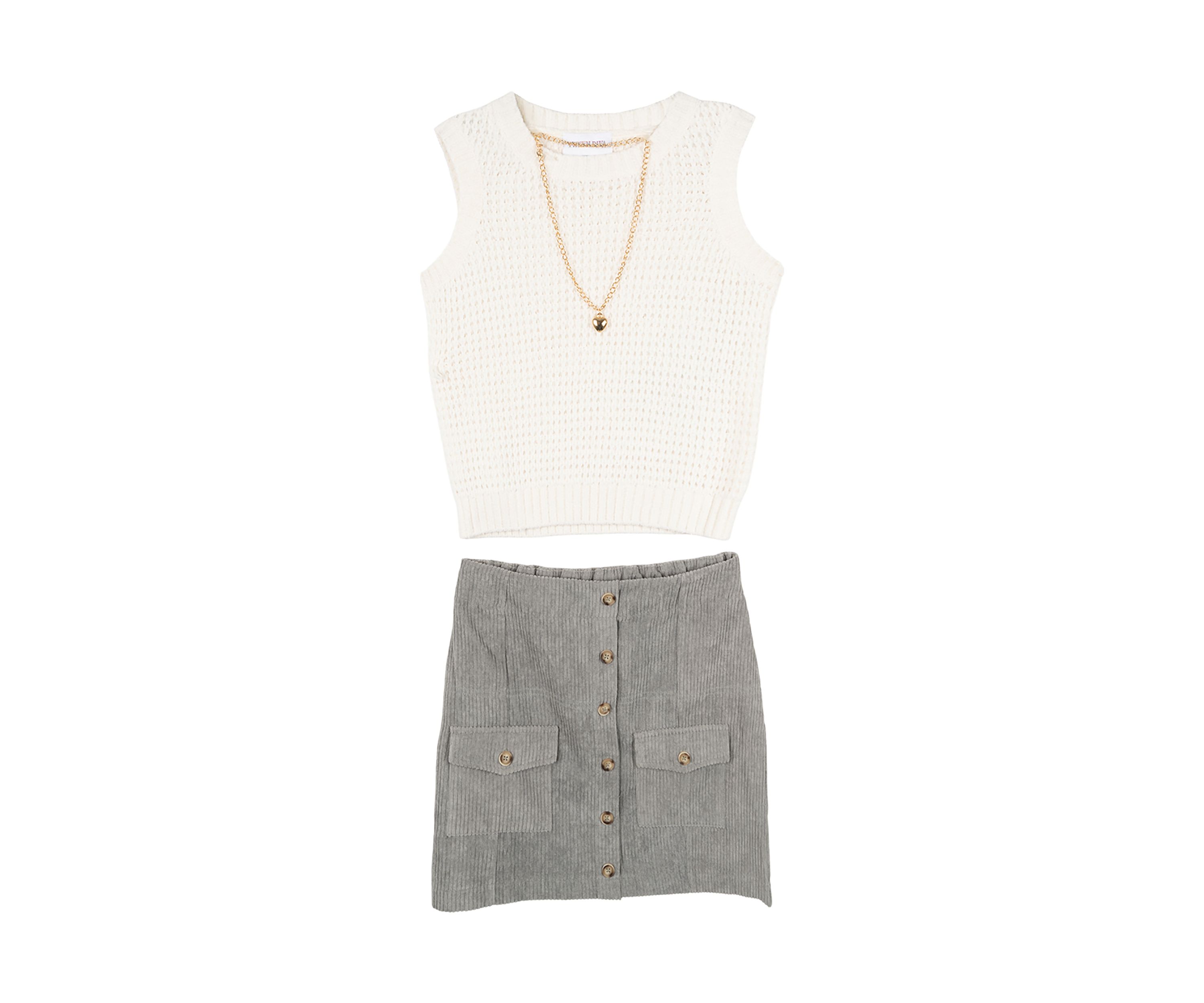Girls 7-16 Sweater Knit Top and Skirt Set with Necklace