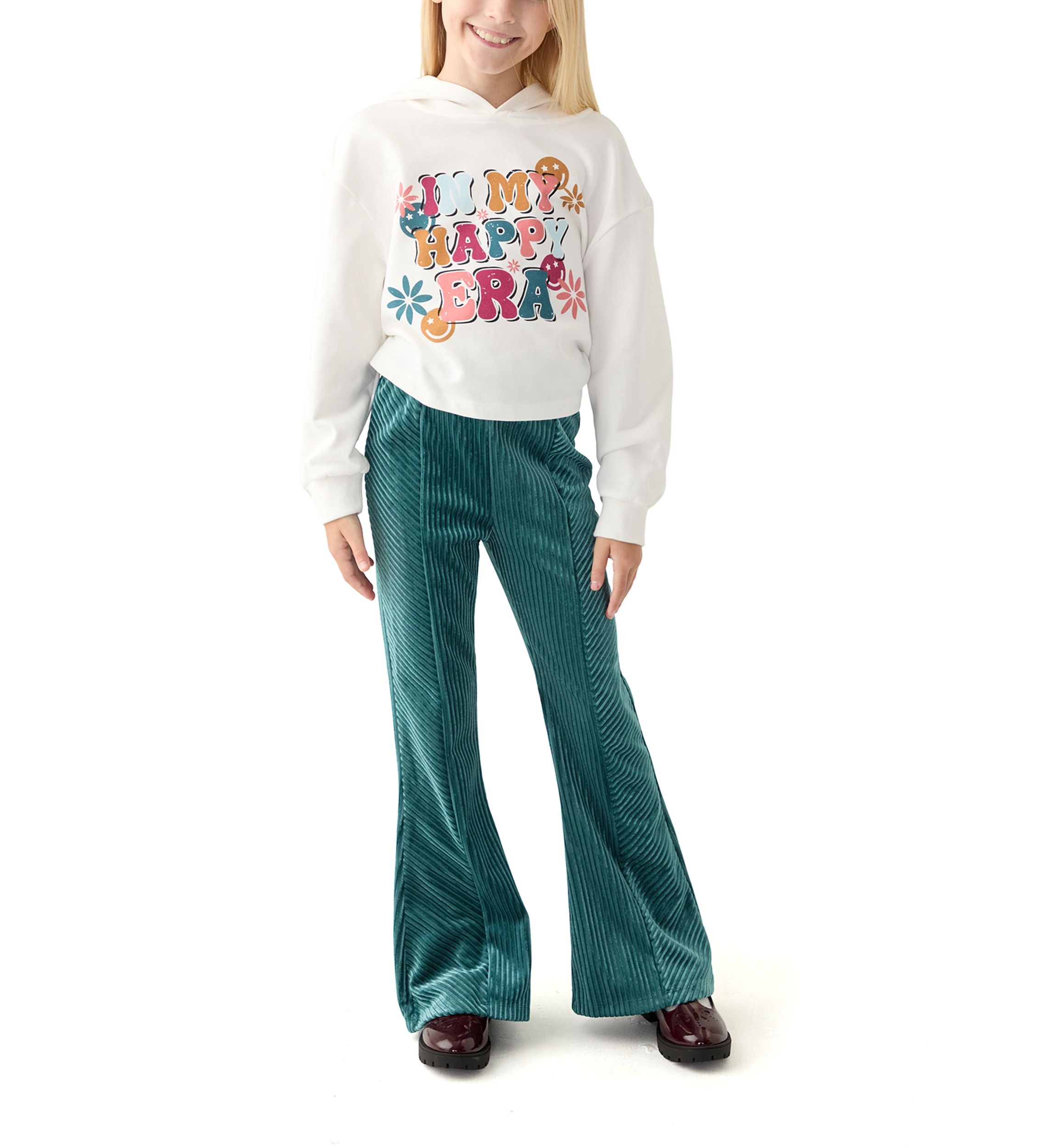 Girls 7-16 Graphic Hoodie and Textured Velvet Flare Pants Set