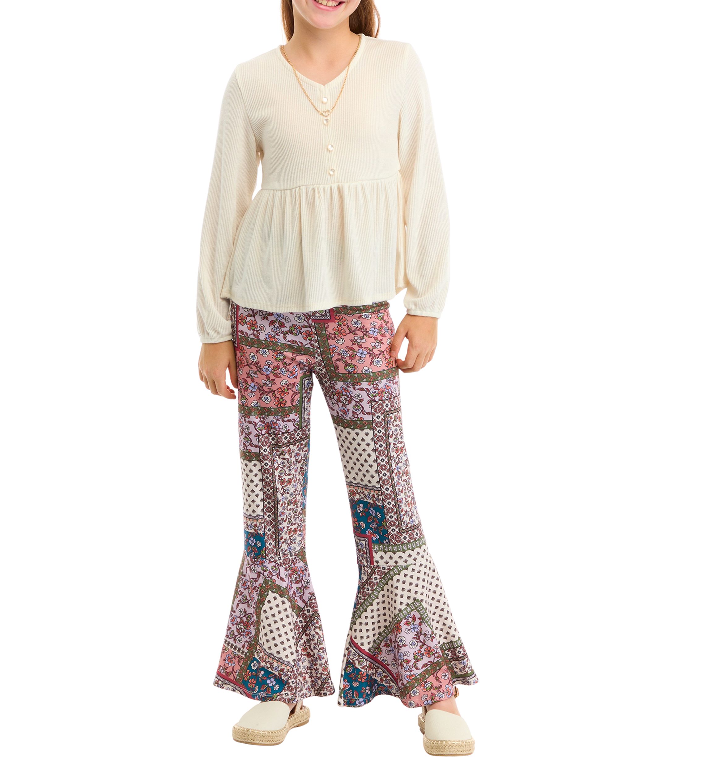 Girls 7-16 Ribbed Knit Babydoll Top and Flared Pants Set