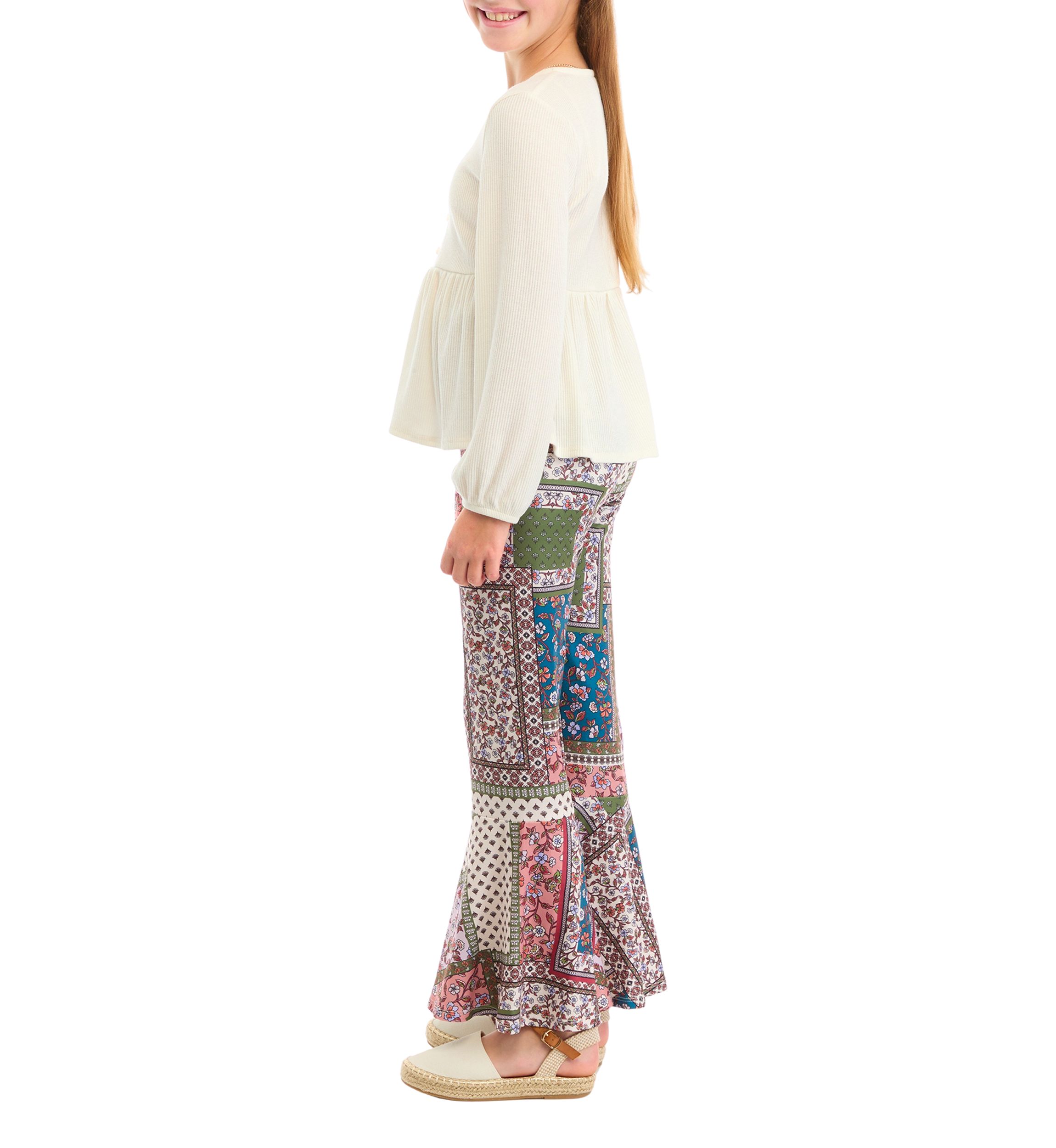 Girls 7-16 Ribbed Knit Babydoll Top and Flared Pants Set