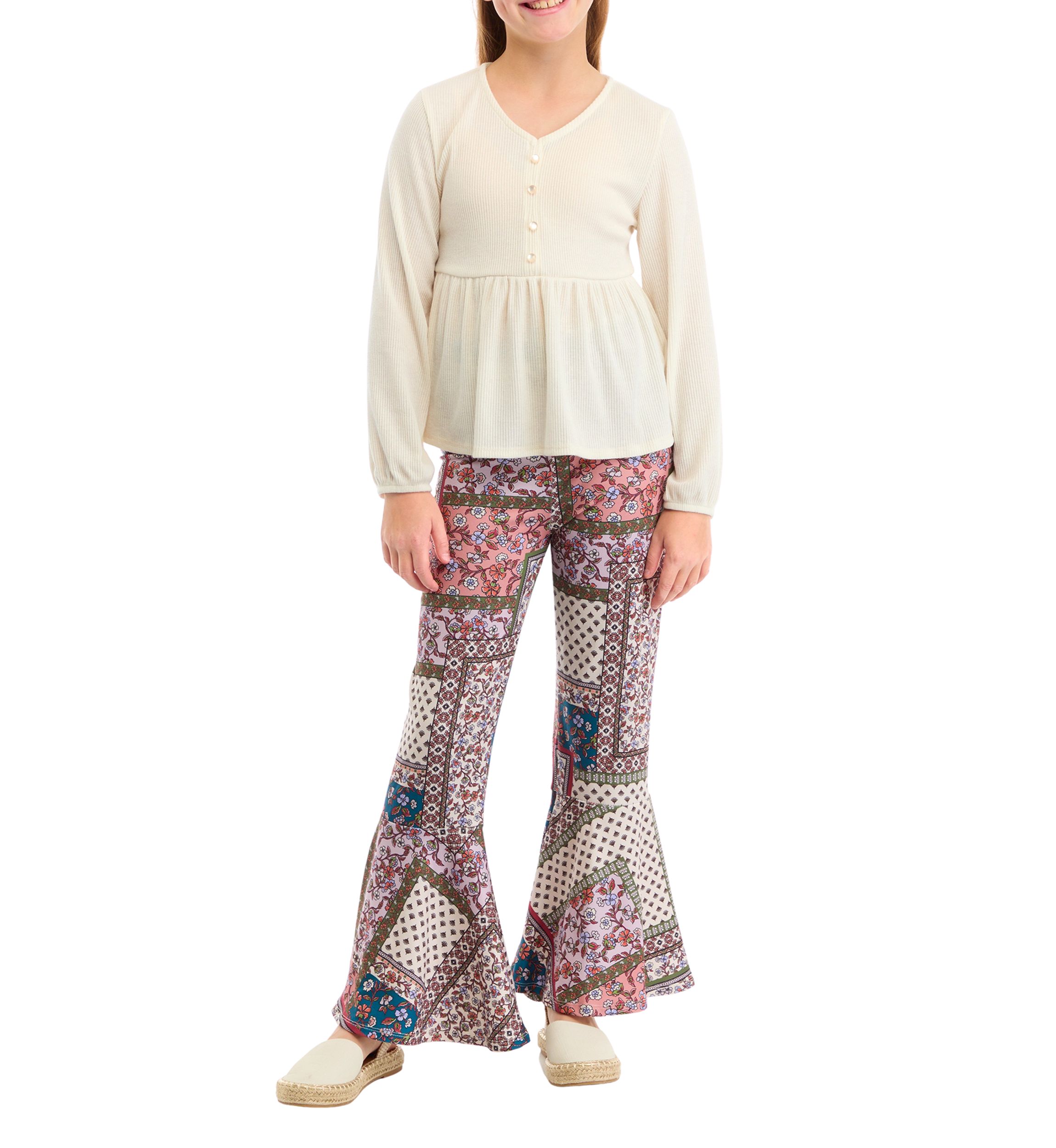 Girls 7-16 Ribbed Knit Babydoll Top and Flared Pants Set