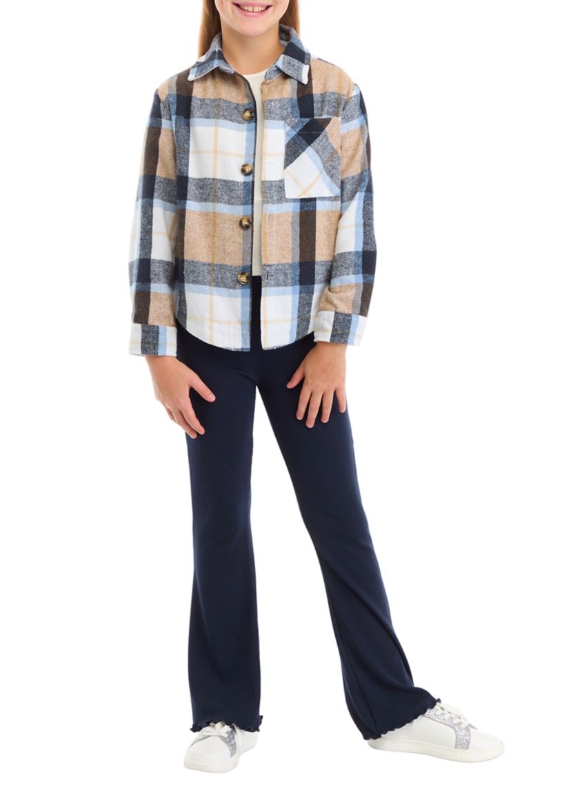 Girls 7-16 3 Piece Plaid Printed Jacket and Flare Pants Set