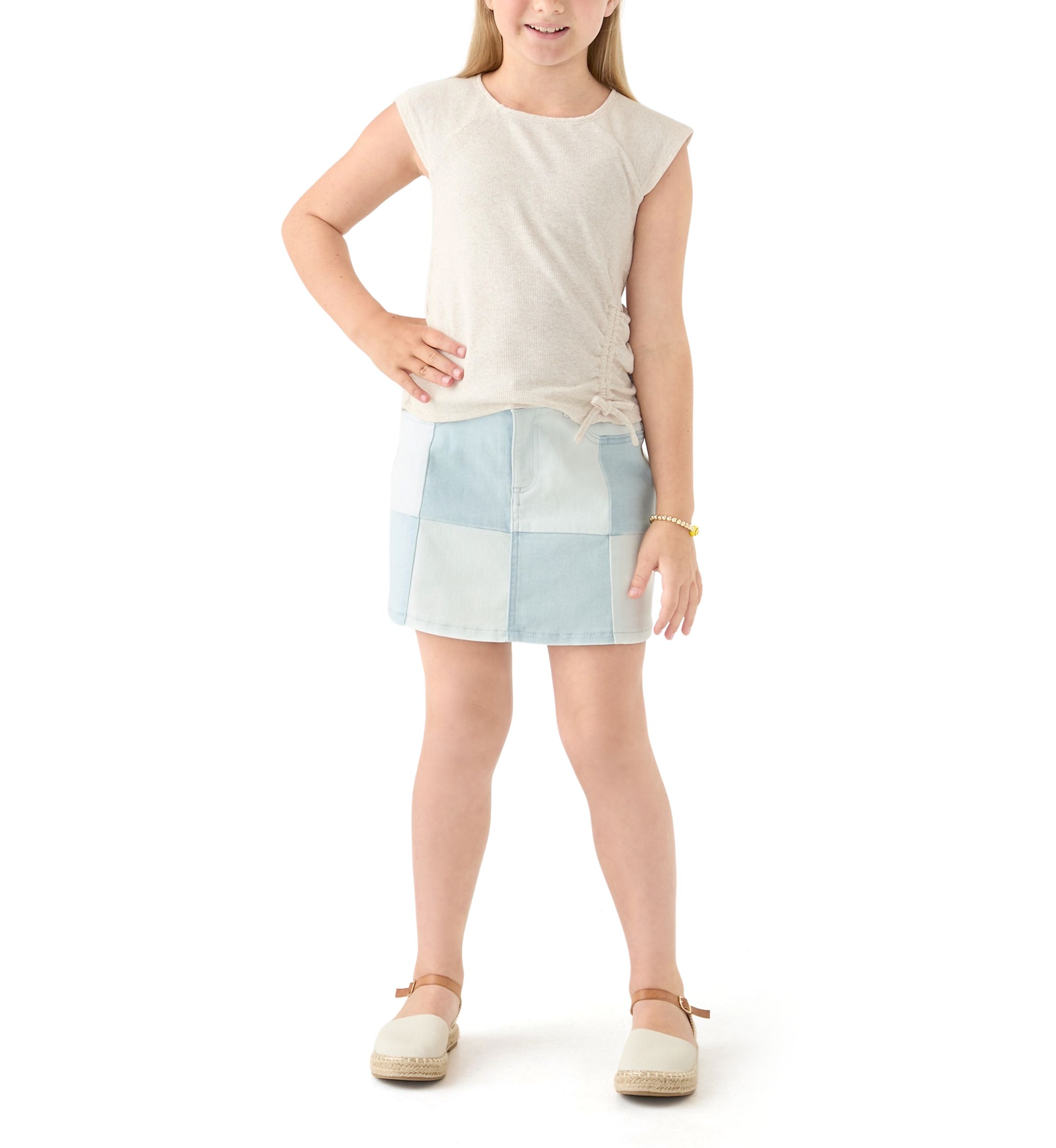 Girls 7-16 Short Sleeve Top and Patchwork Denim Skort