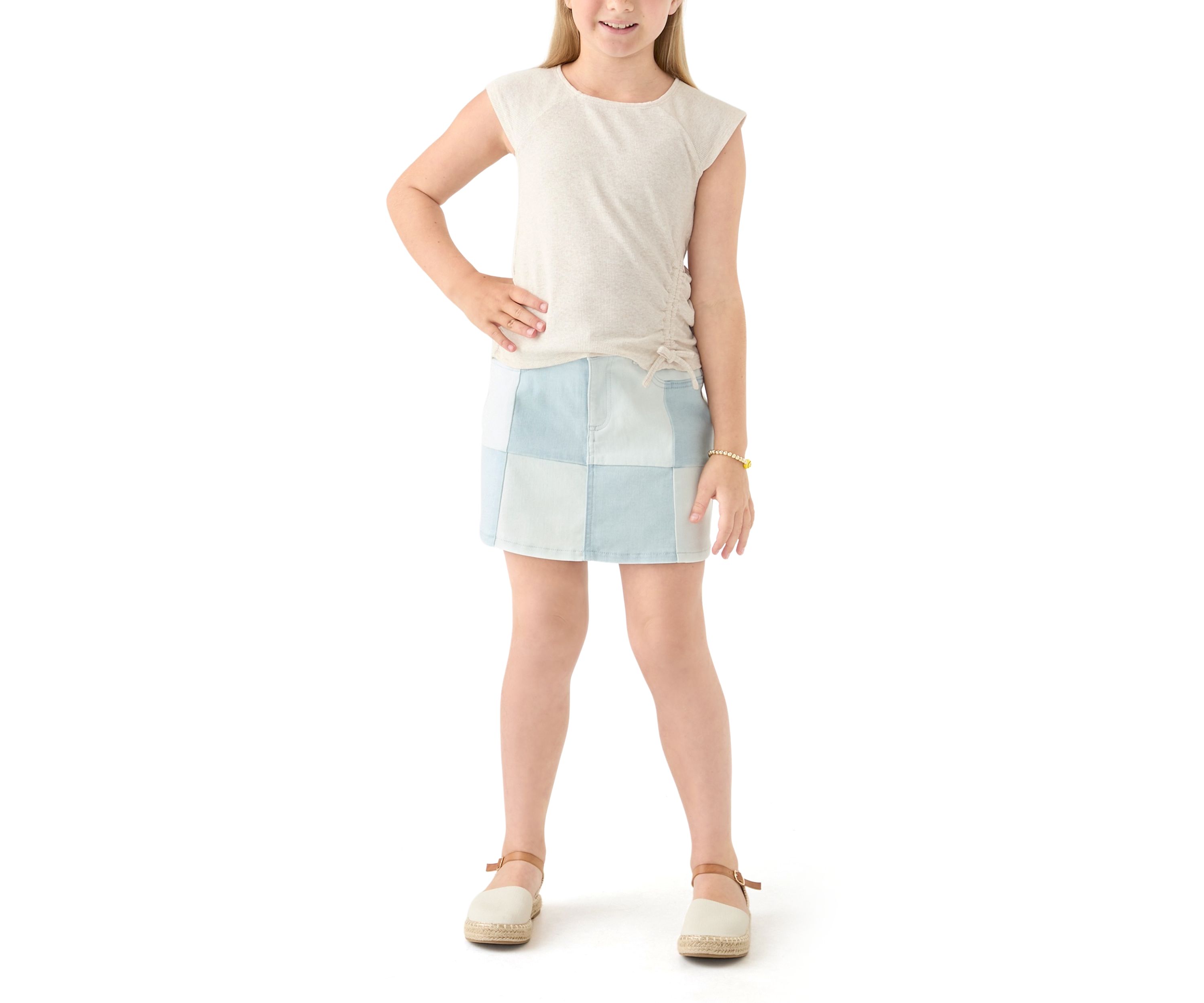 Girls 7-16 Short Sleeve Top and Patchwork Denim Skort