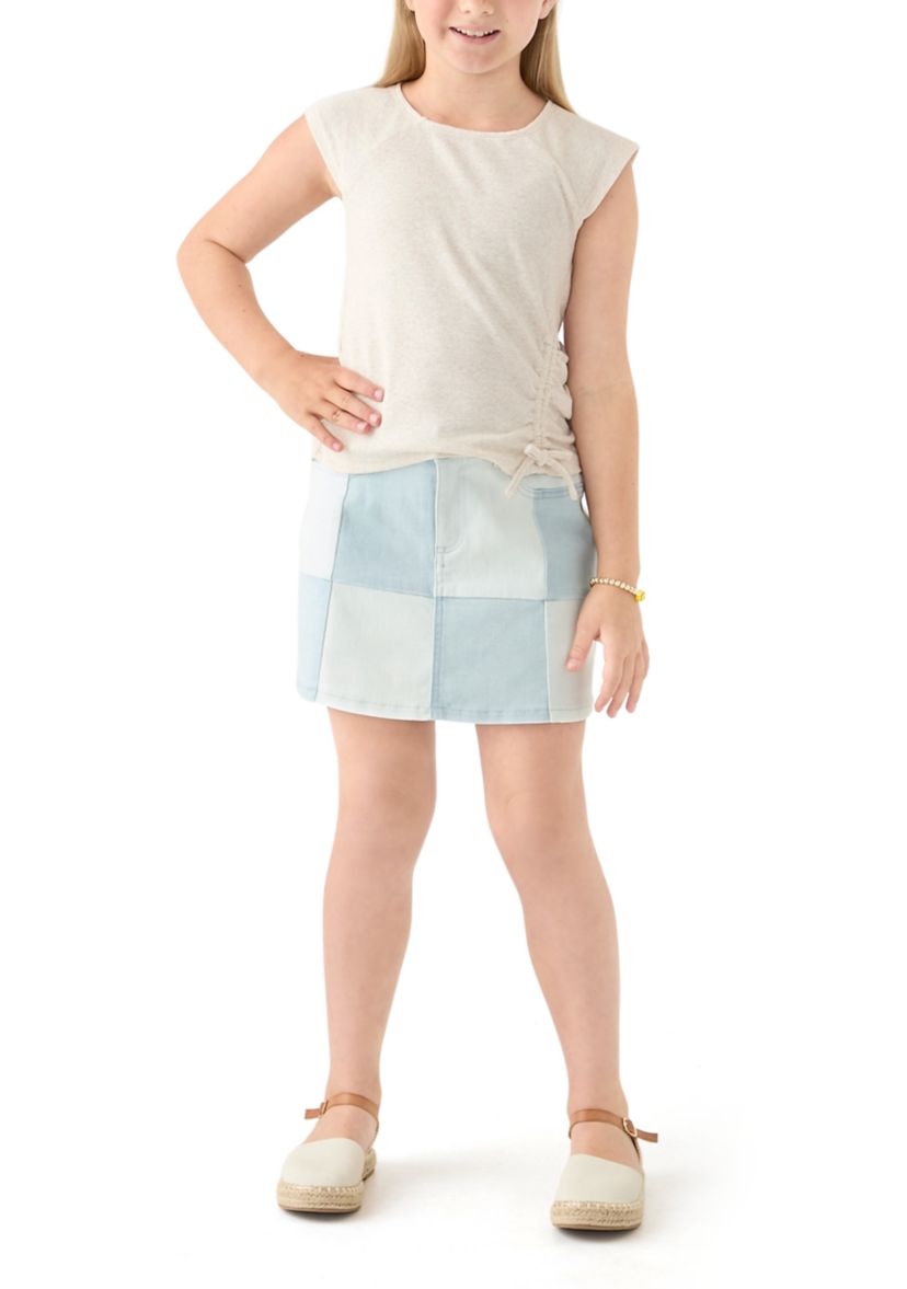 Girls 7-16 Short Sleeve Top and Patchwork Denim Skort