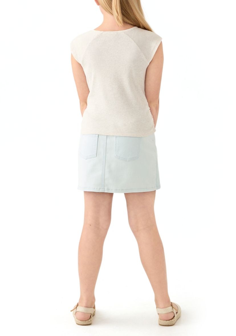 Girls 7-16 Short Sleeve Top and Patchwork Denim Skort