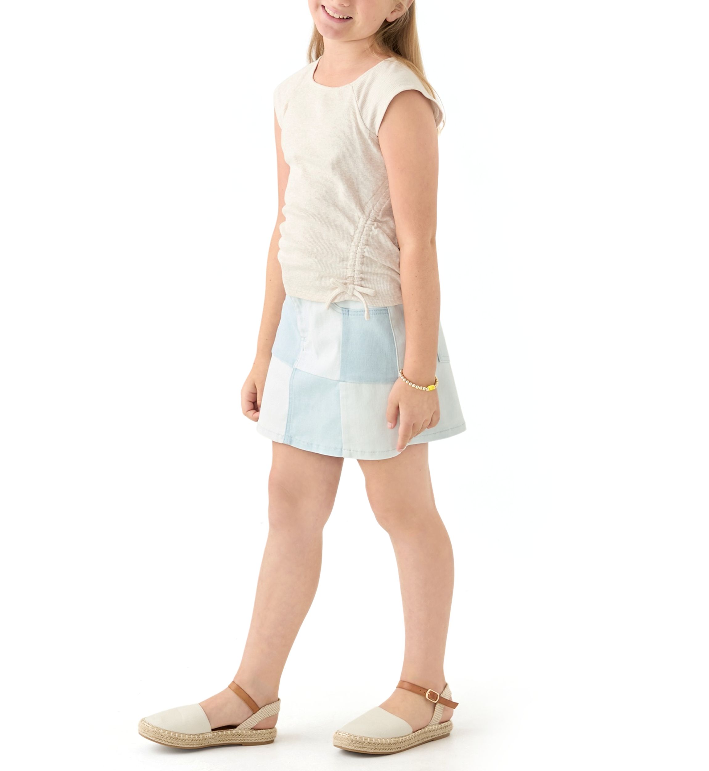 Girls 7-16 Short Sleeve Top and Patchwork Denim Skort