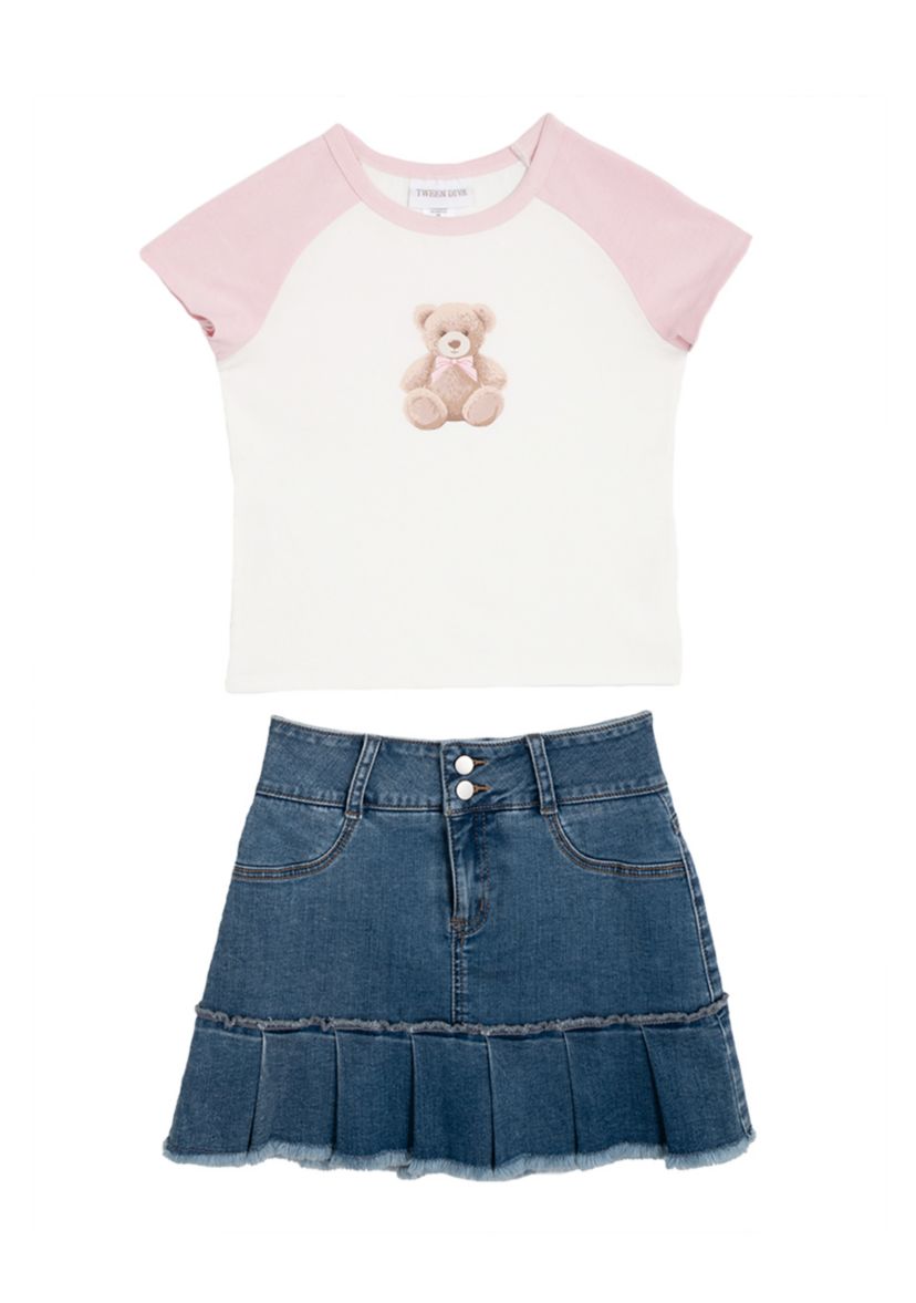 Girls 7-16 Bear Graphic T-Shirt and Denim Skort Set 
