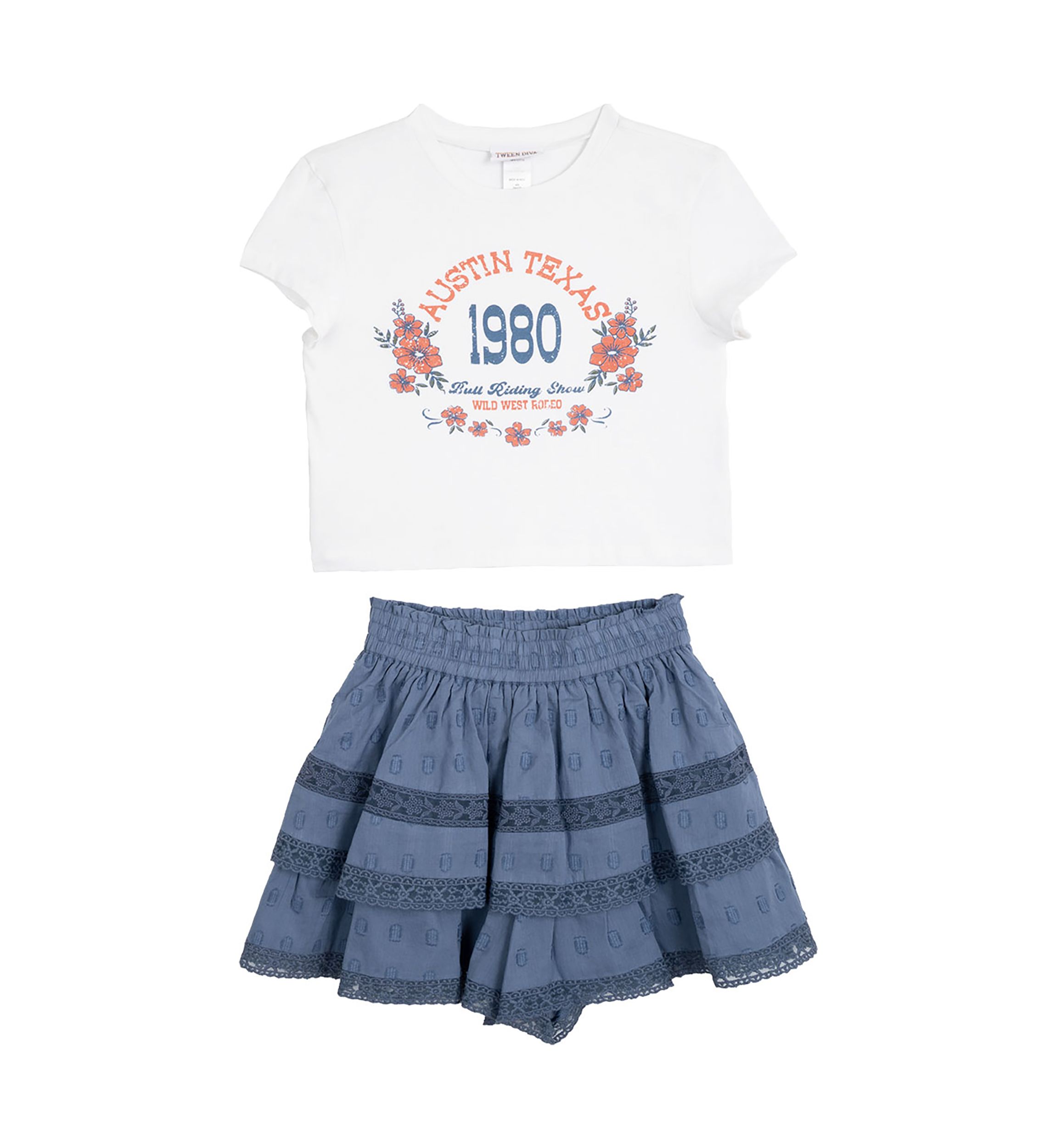 Girls 7-16 Austin Graphic T-Shirt and Tiered Ruffle Skort Set