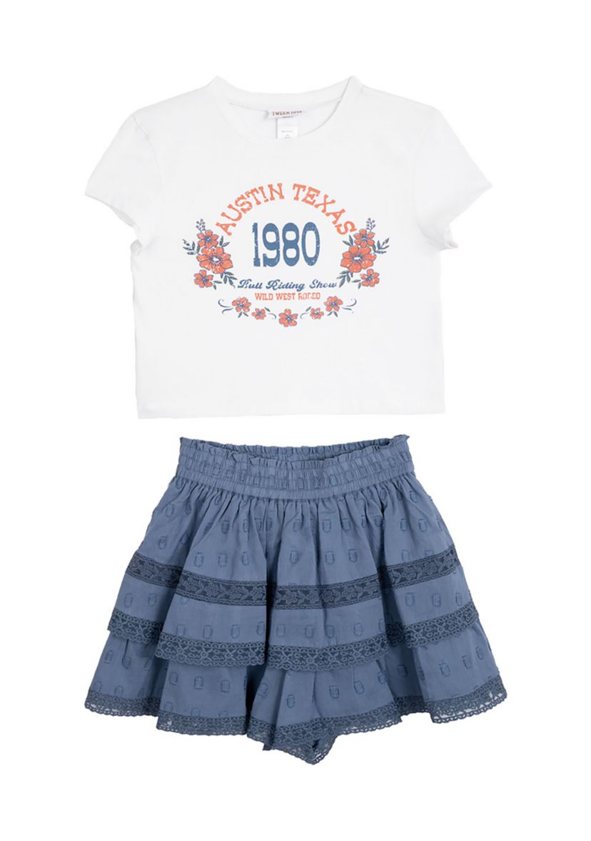 Girls 7-16 Austin Graphic T-Shirt and Tiered Ruffle Skort Set