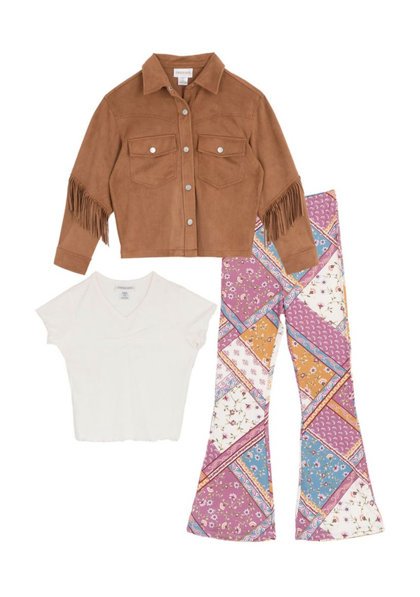 Girls 7-16 Suede Jacket Patched Flare Legging Set