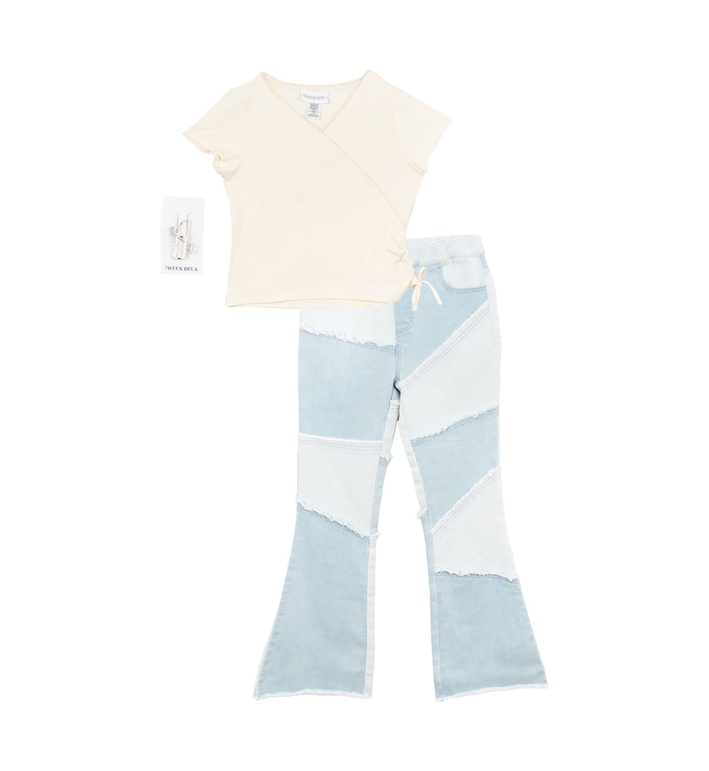 Girls 7-16 Ribbed V-Neck Top and Patchwork Flare Jeans with Accessory