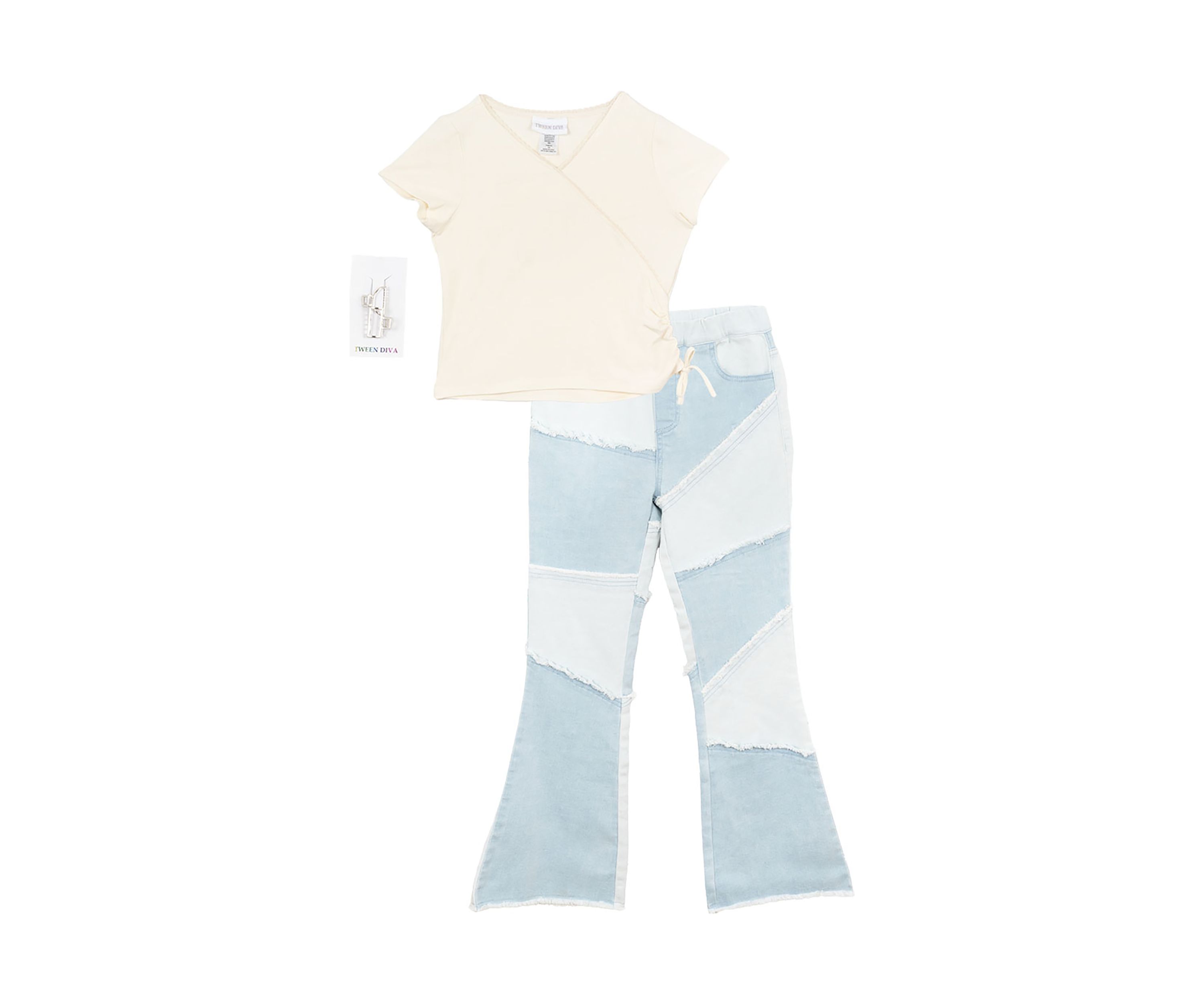 Girls 7-16 Ribbed V-Neck Top and Patchwork Flare Jeans with Accessory