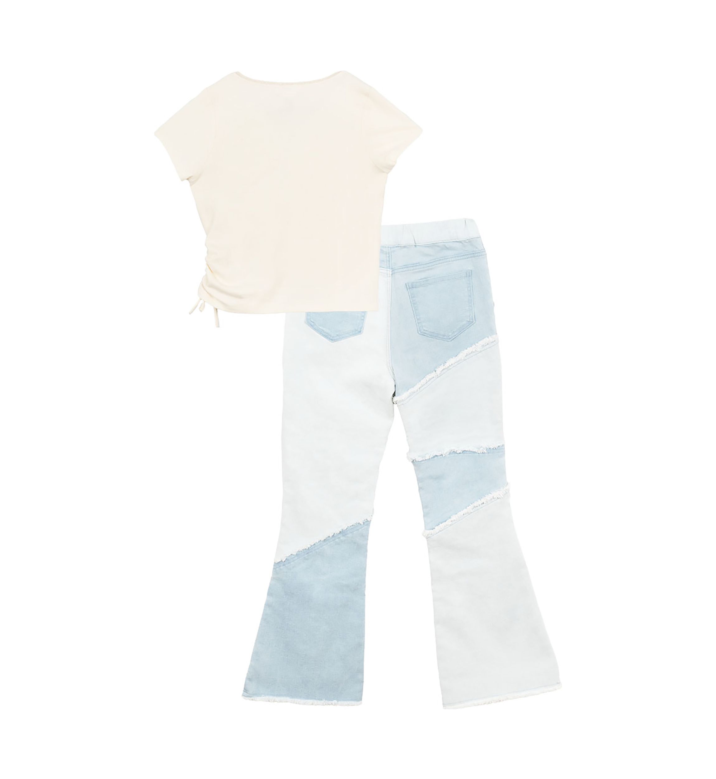 Girls 7-16 Ribbed V-Neck Top and Patchwork Flare Jeans with Accessory