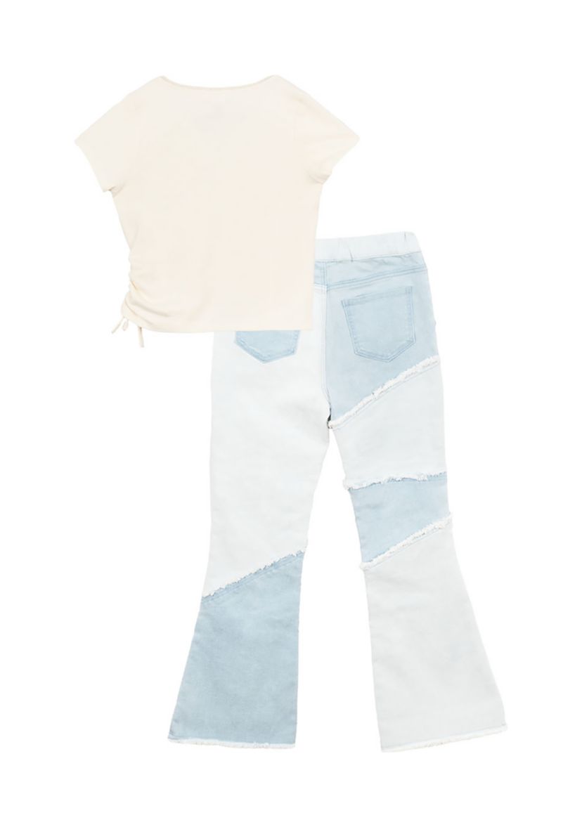 Girls 7-16 Ribbed V-Neck Top and Patchwork Flare Jeans with Accessory