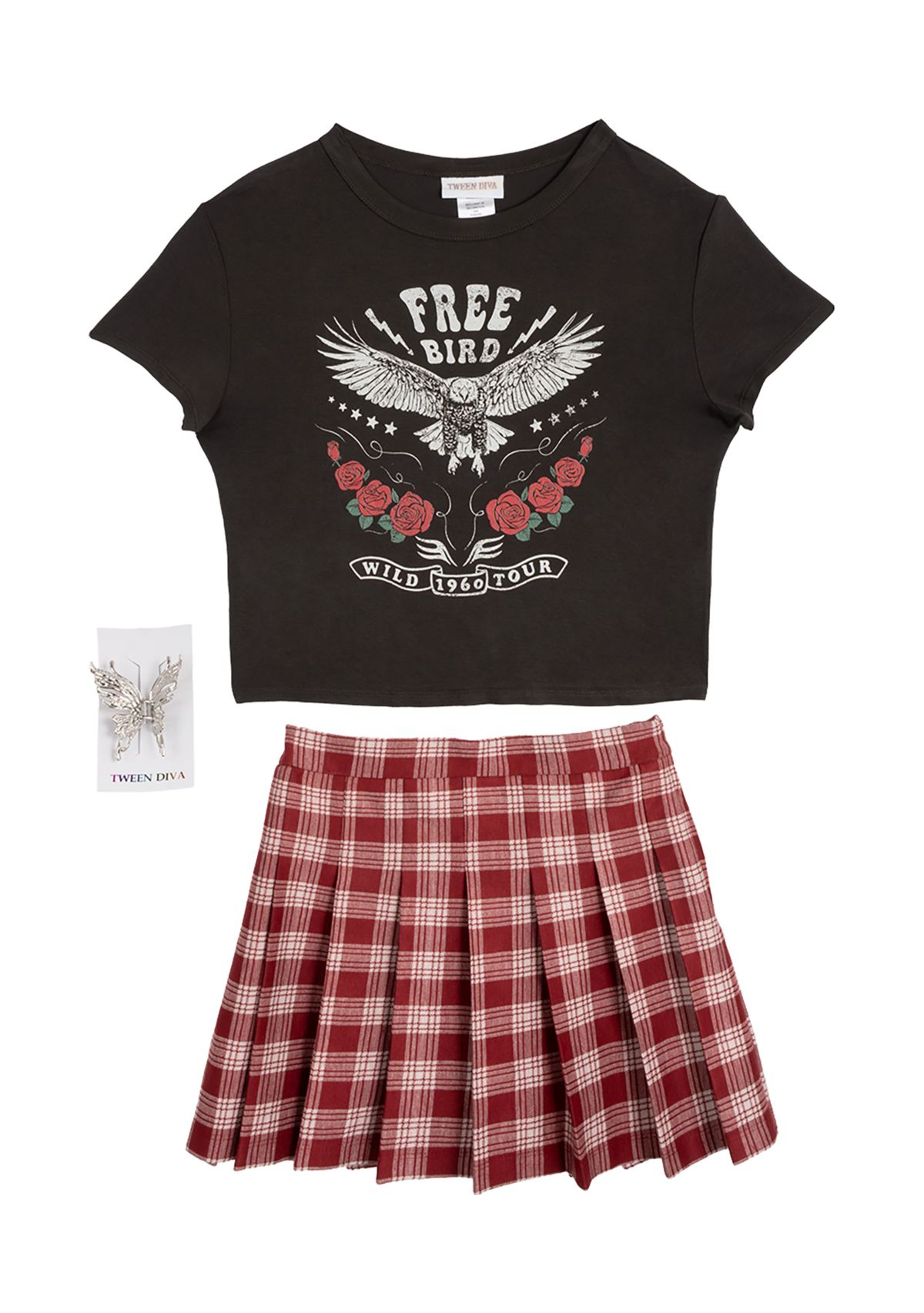 Girls 7-16 Free Bird Graphic T-Shirt and Plaid Skort Set