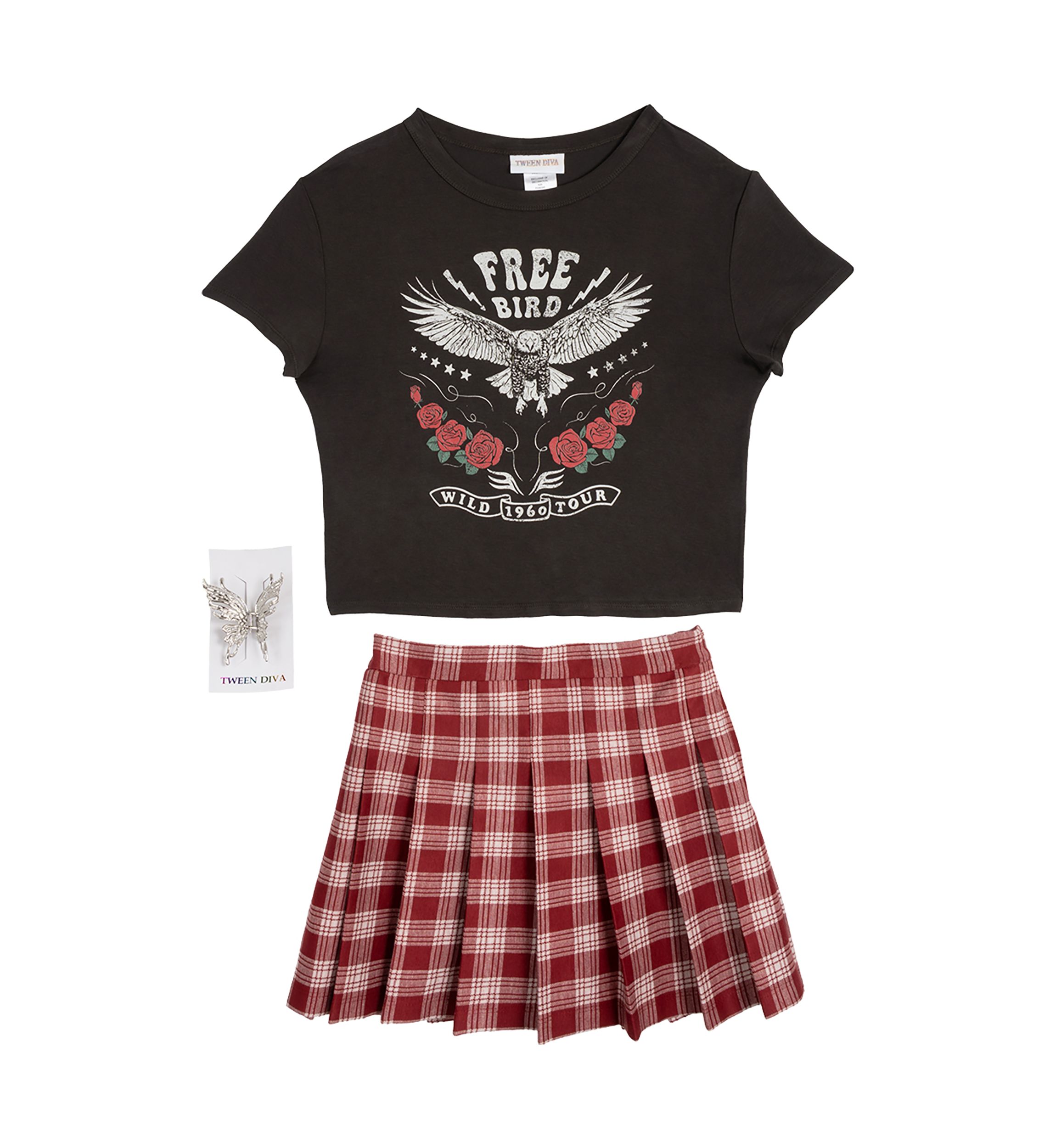 Girls 7-16 Free Bird Graphic T-Shirt and Plaid Skort Set