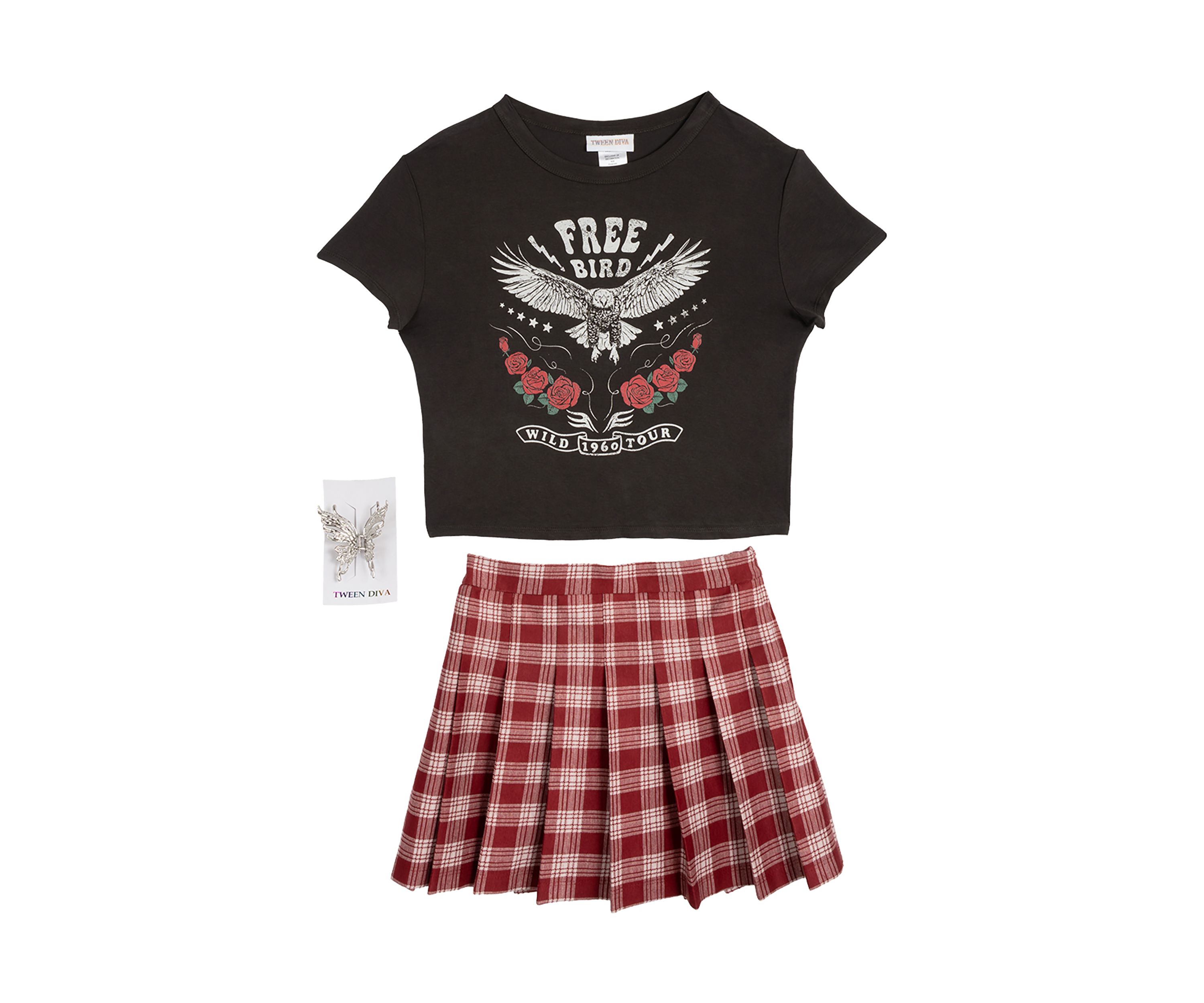 Girls 7-16 Free Bird Graphic T-Shirt and Plaid Skort Set