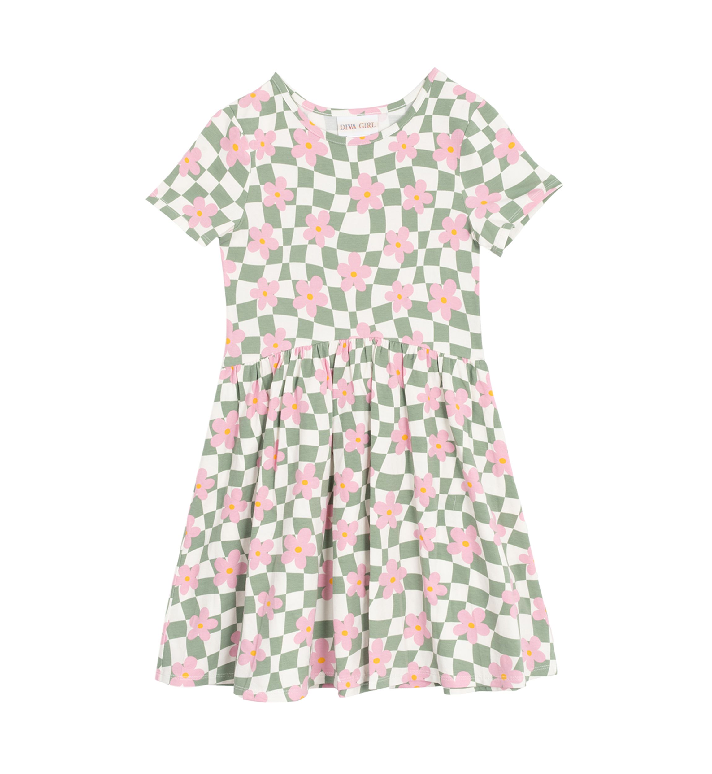 Girls 7-16 Short Sleeve Floral Checkered Skater Dress