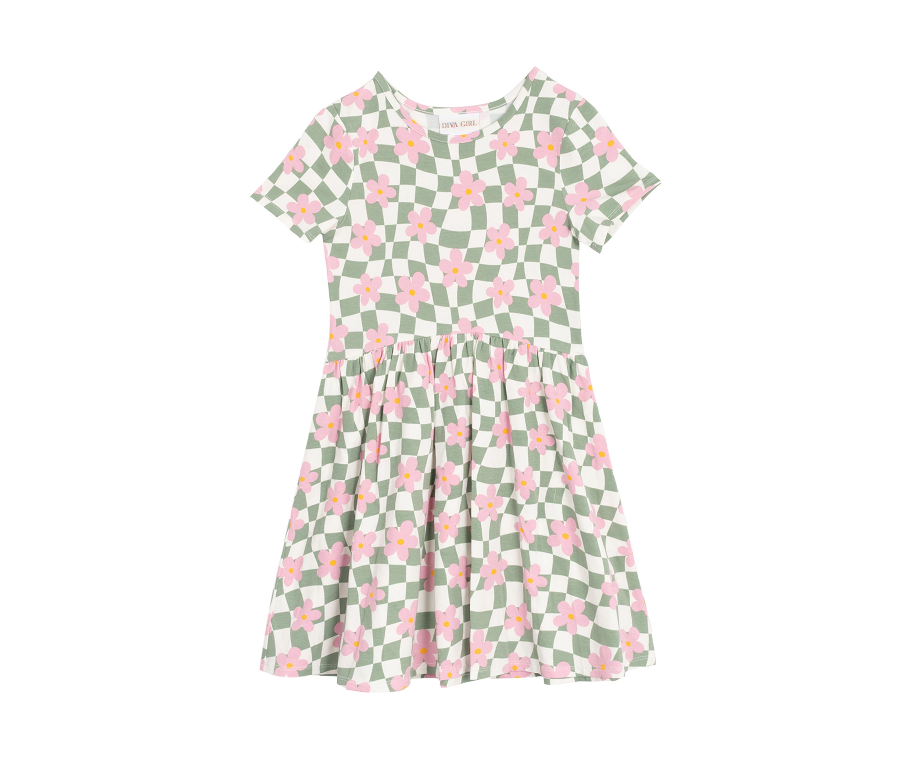 Girls 7-16 Short Sleeve Floral Checkered Skater Dress