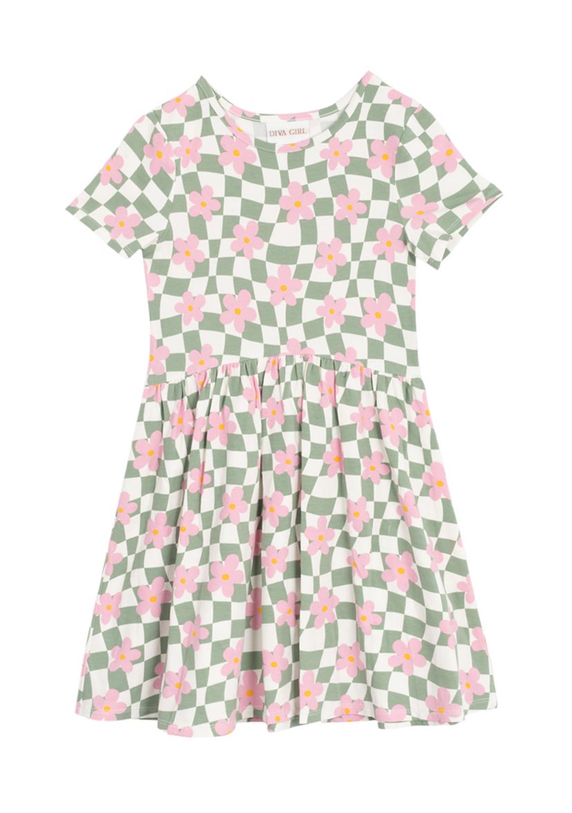Girls 7-16 Short Sleeve Floral Checkered Skater Dress