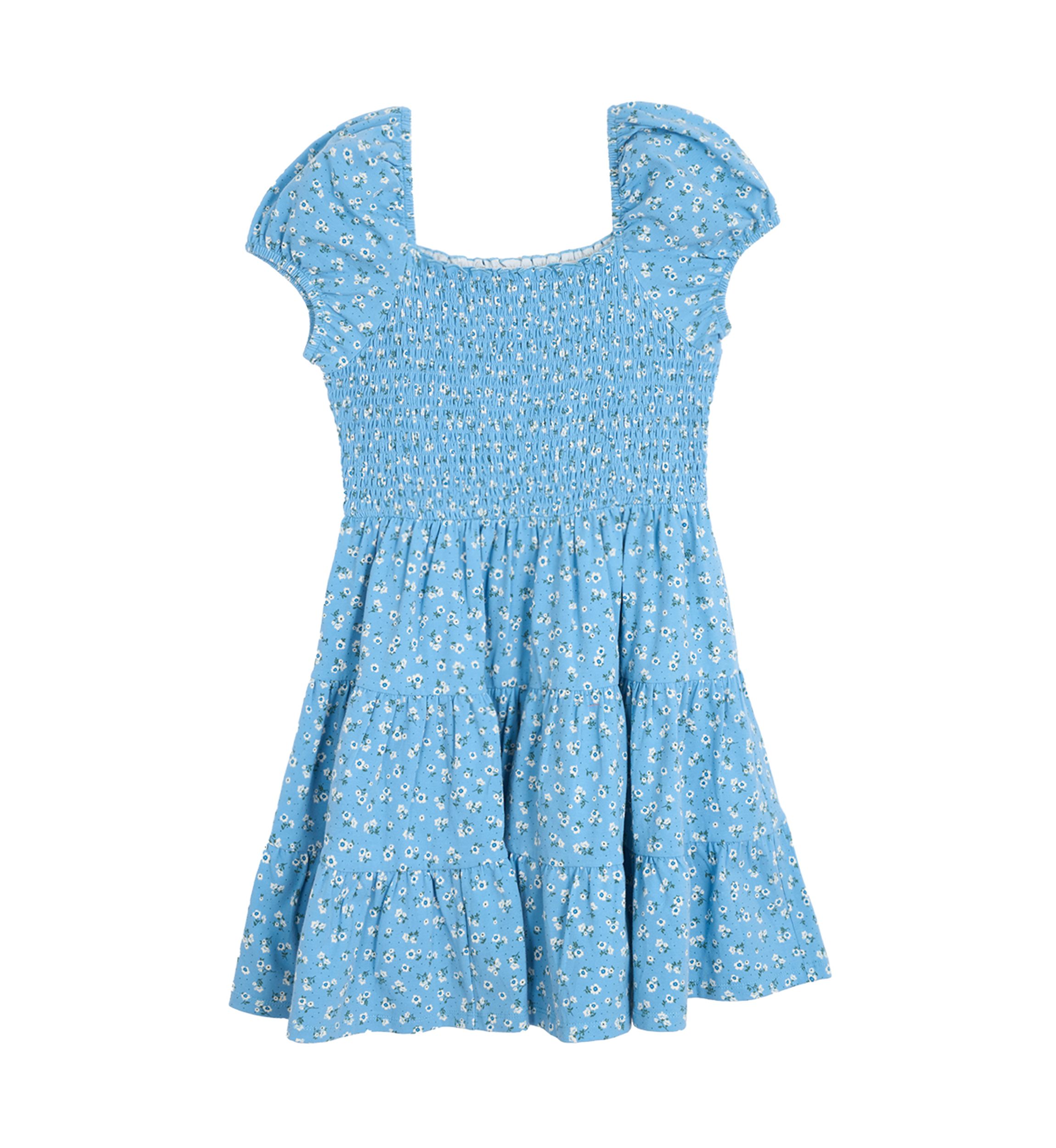 Girls 7-16 Floral Printed Knit Smocked Puff Sleeve Dress