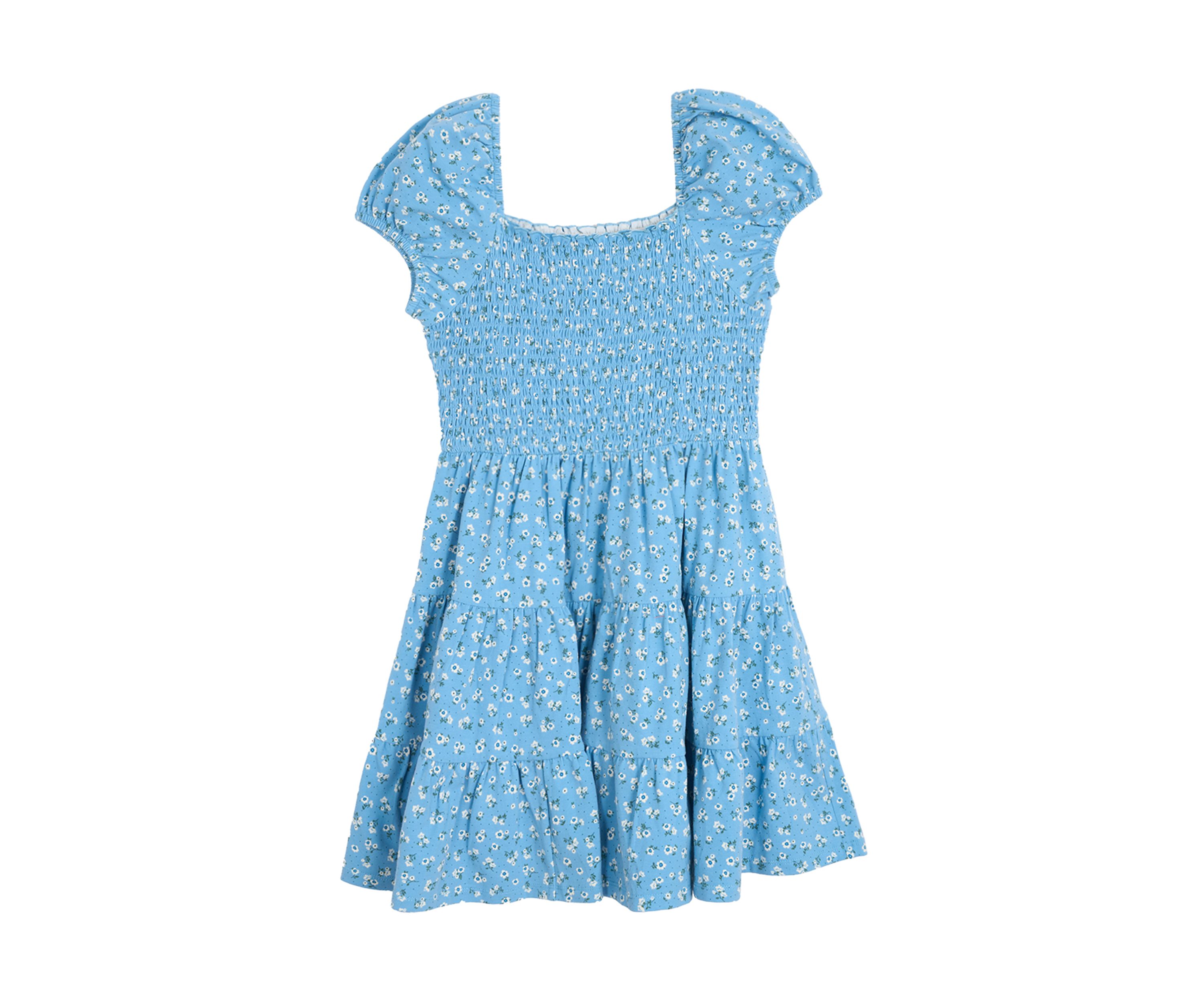 Girls 7-16 Floral Printed Knit Smocked Puff Sleeve Dress