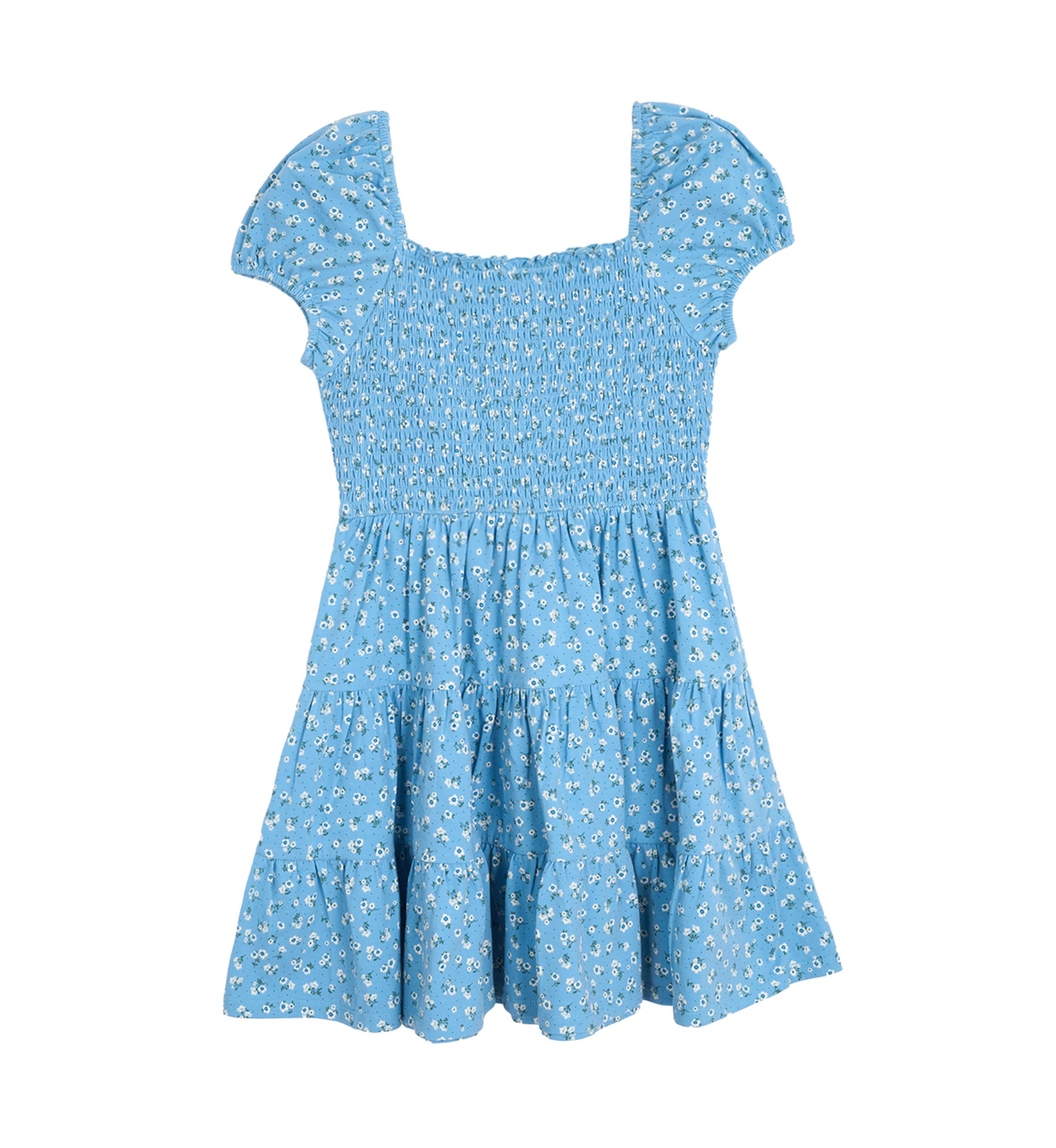 Girls 7-16 Floral Printed Knit Smocked Puff Sleeve Dress