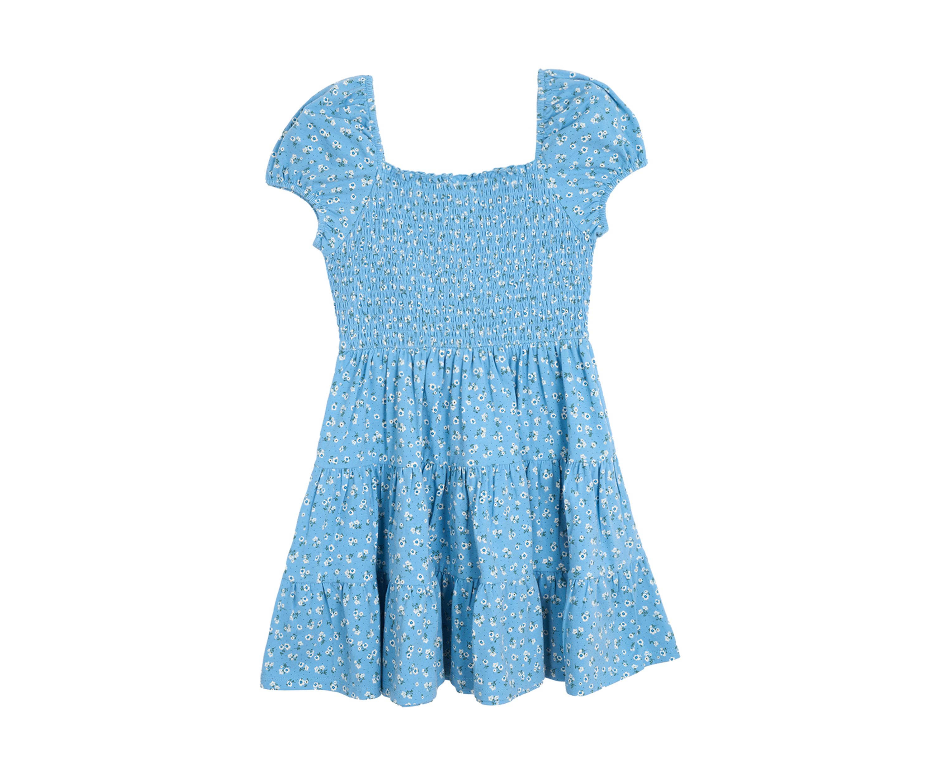 Girls 7-16 Floral Printed Knit Smocked Puff Sleeve Dress