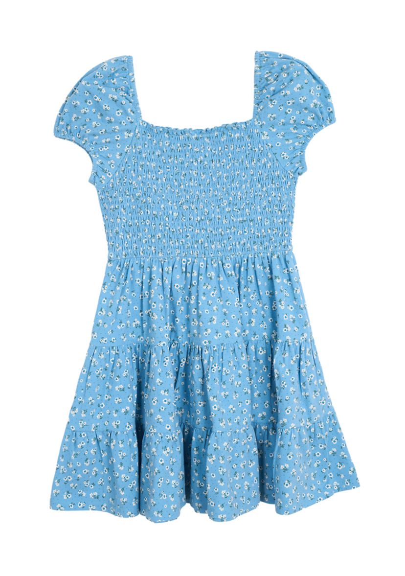 Girls 7-16 Floral Printed Knit Smocked Puff Sleeve Dress