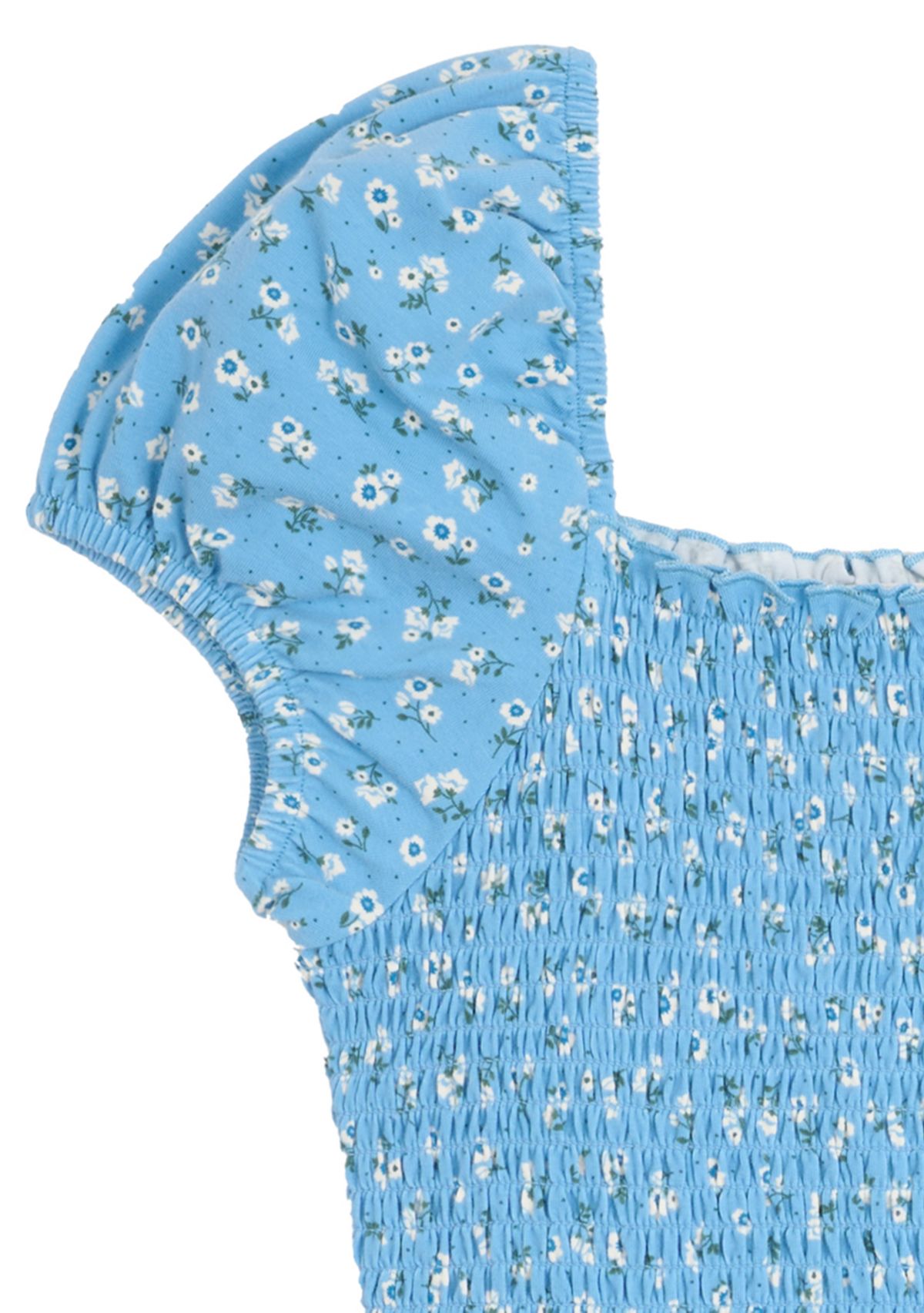 Girls 7-16 Floral Printed Knit Smocked Puff Sleeve Dress