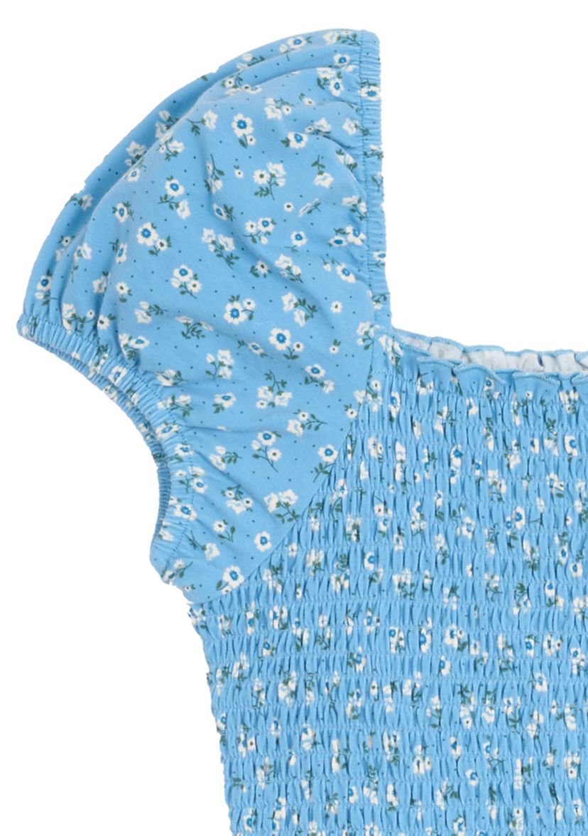 Girls 7-16 Floral Printed Knit Smocked Puff Sleeve Dress