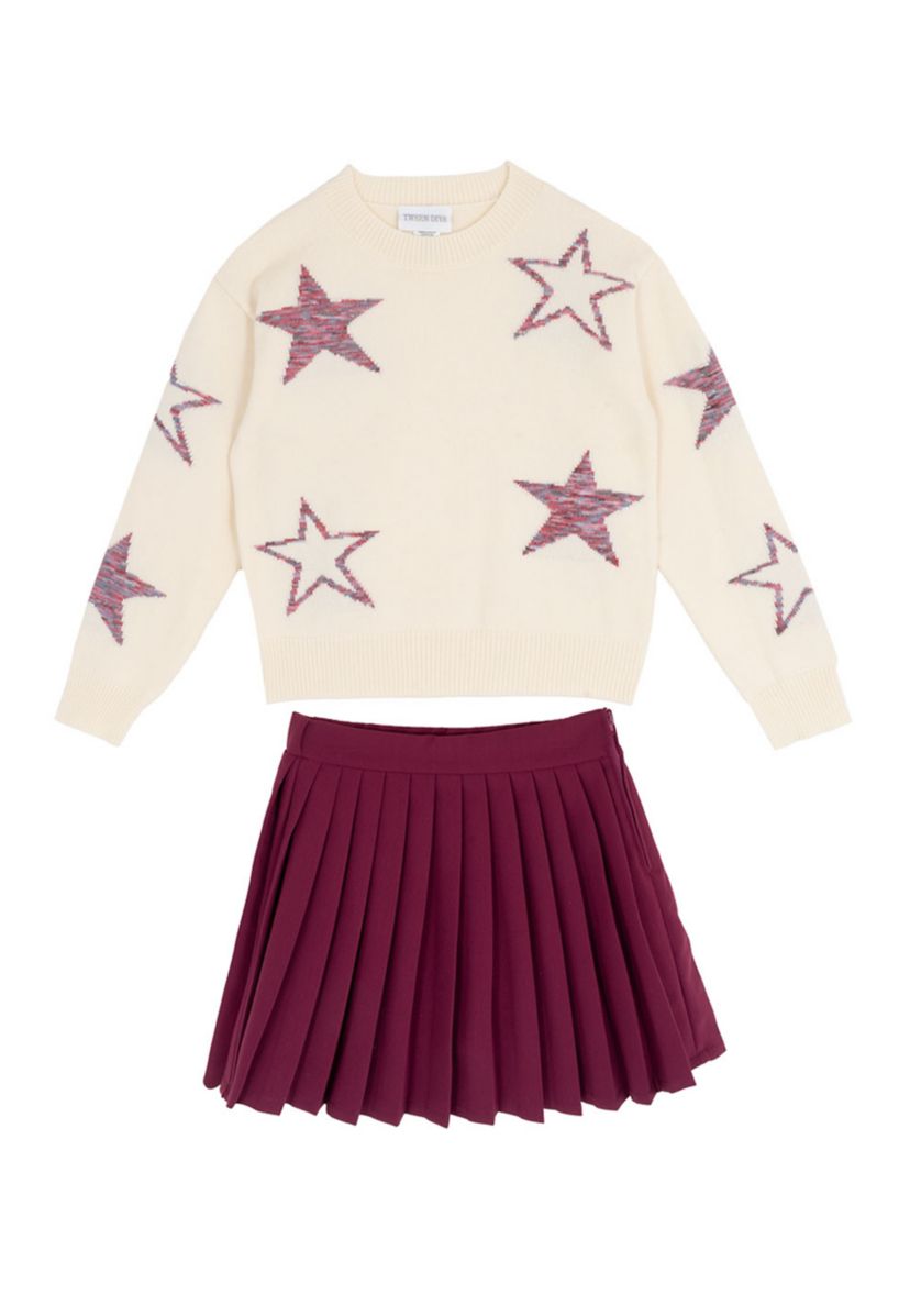 Girls 7-16 Star Sweater and Pleated Skort Set