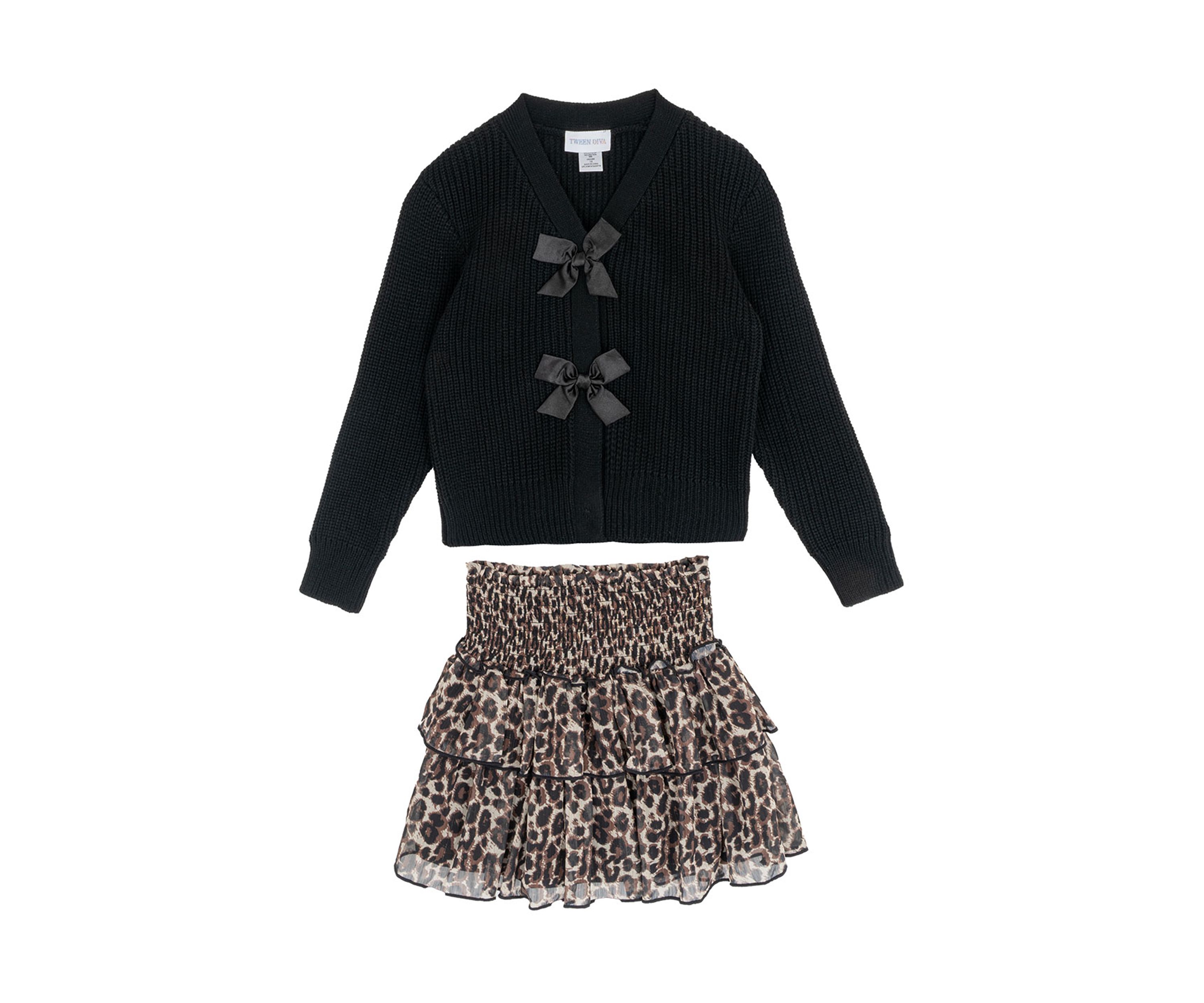 Girls 7-16 Bow Sweater and Animal Printed Skort Set 