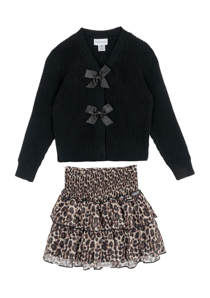 Girls 7-16 Bow Sweater and Animal Printed Skort Set 